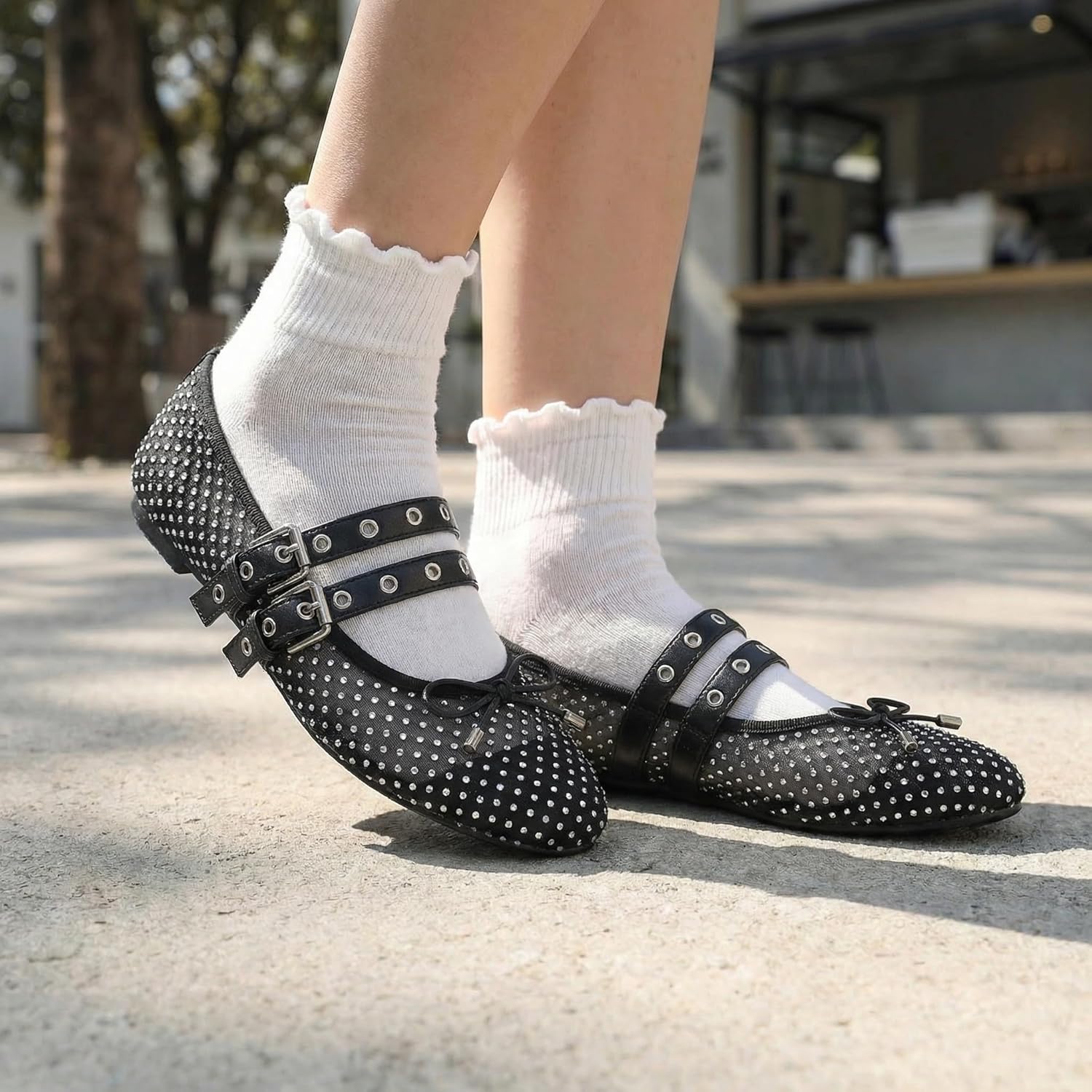 Mesh Rhinestone Mary Jane Flats for Women - Sparkly Studded Double Strap Ballet Shoes, Breathable Bow for Party & Work