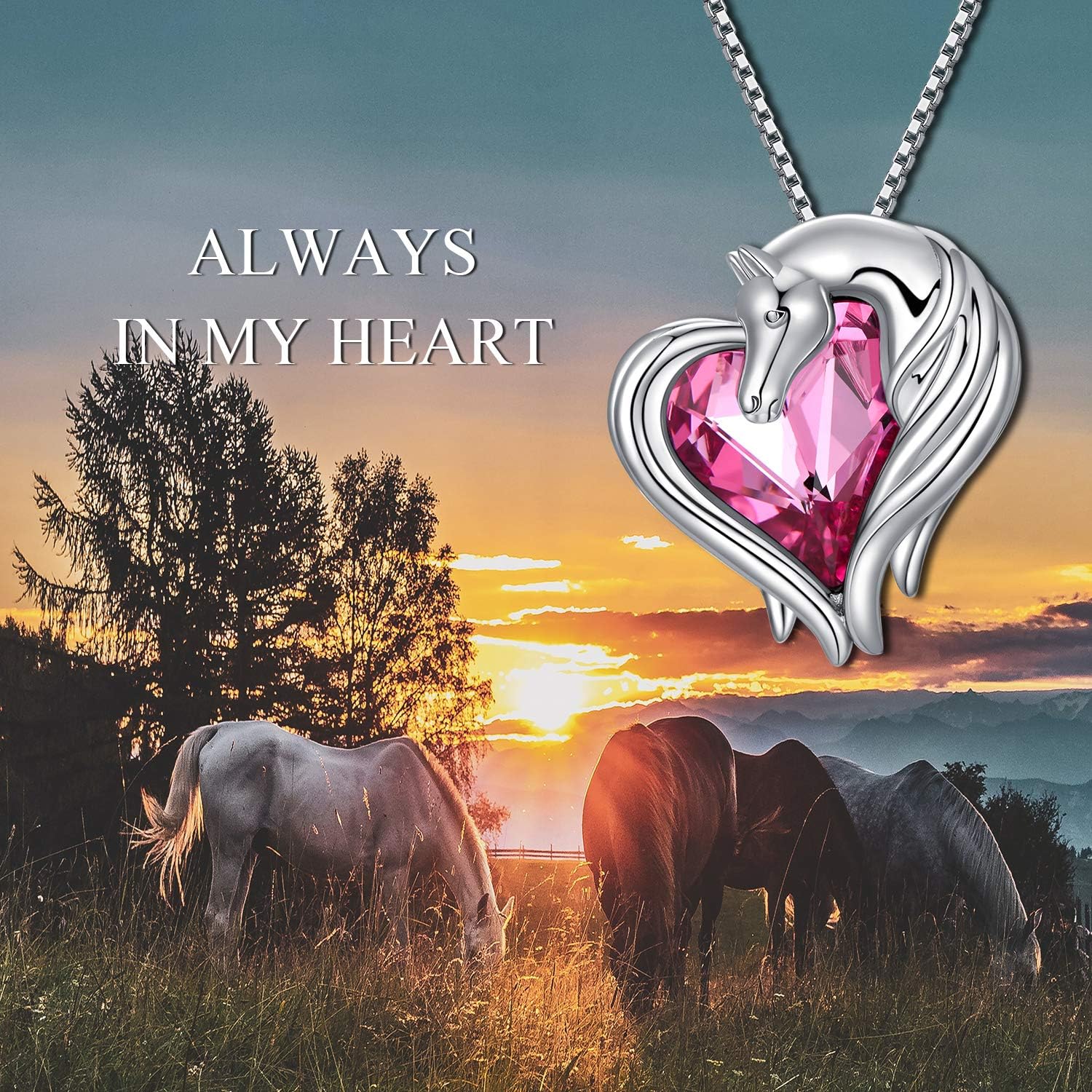 AOBOCO Horse Necklace 925 Sterling Silver Horse Lovers Heart Pendant with Crystal Animal Jewelry Gift for Women
