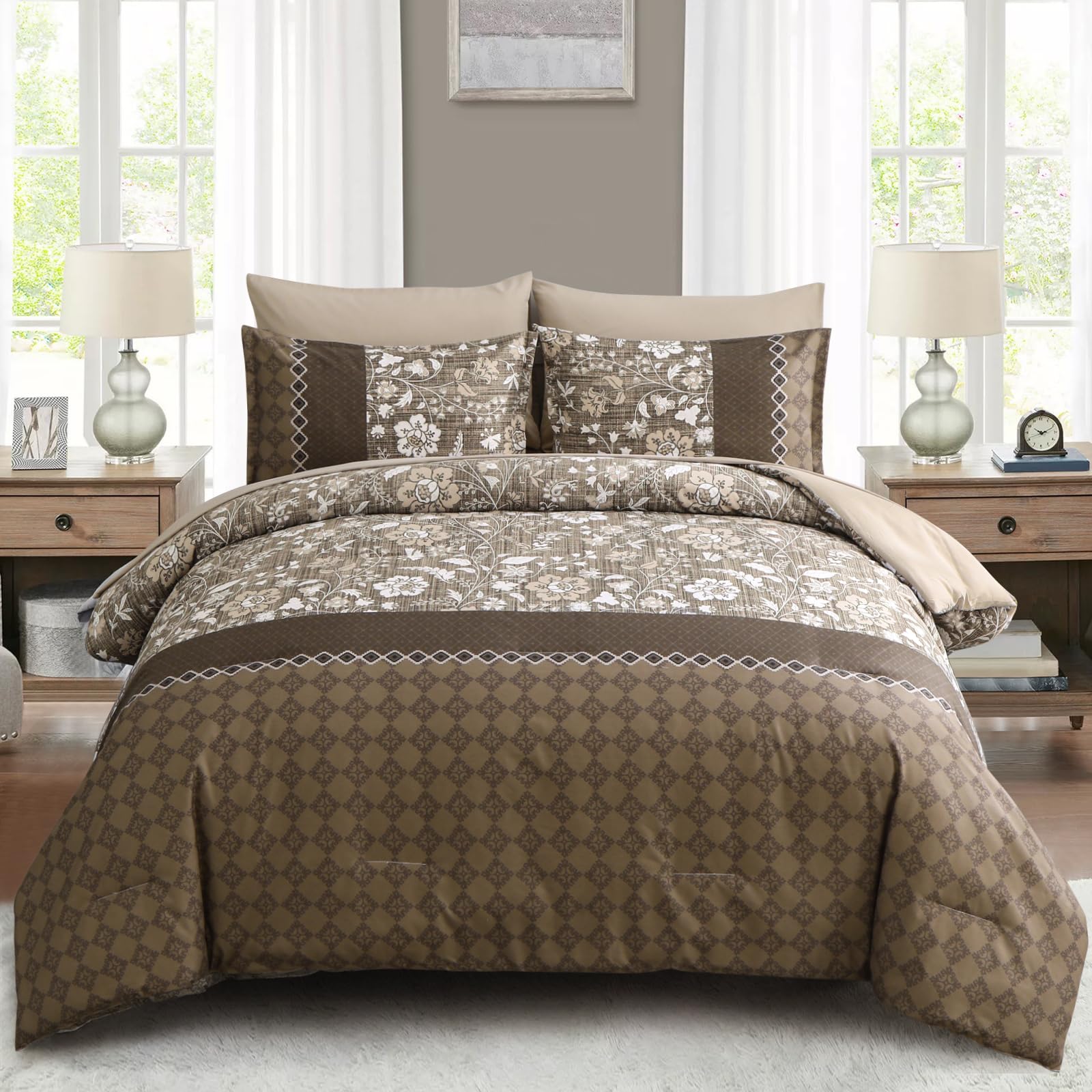 WONGS BEDDING Brown Comforter Set Queen, 7 Pieces Bed in a Bag Floral Geometric Patchwork Soft Microfiber Comforter Bedding Set with Comforter, Flat Sheet, Fitted Sheet, Pillow Shams,Pillowcases