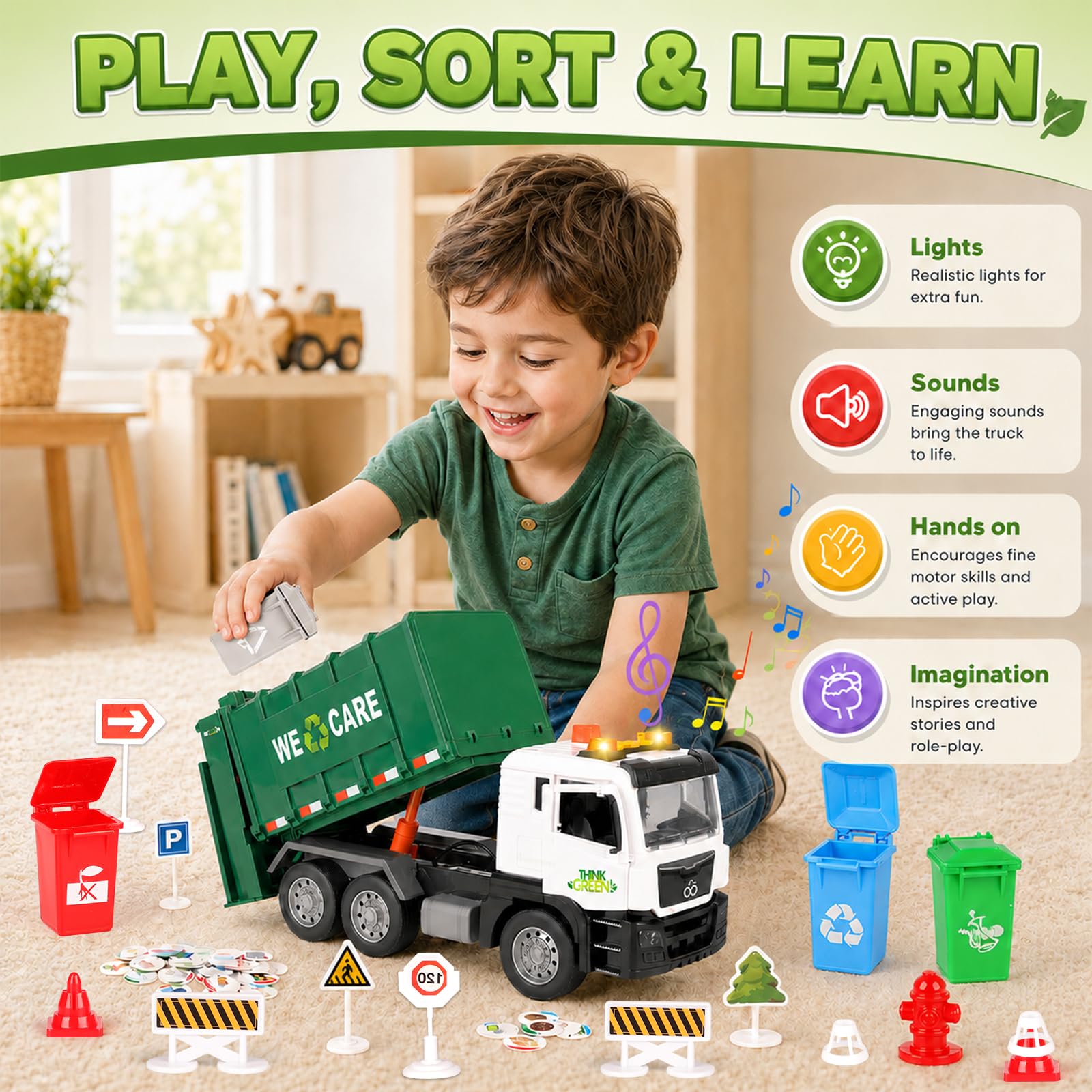 BunnyJOY Camion Spazzatura Giocattolo 3-6 Anni Luci e Suoni Veicolo Raccolta Rifiuti Regalo Verde
