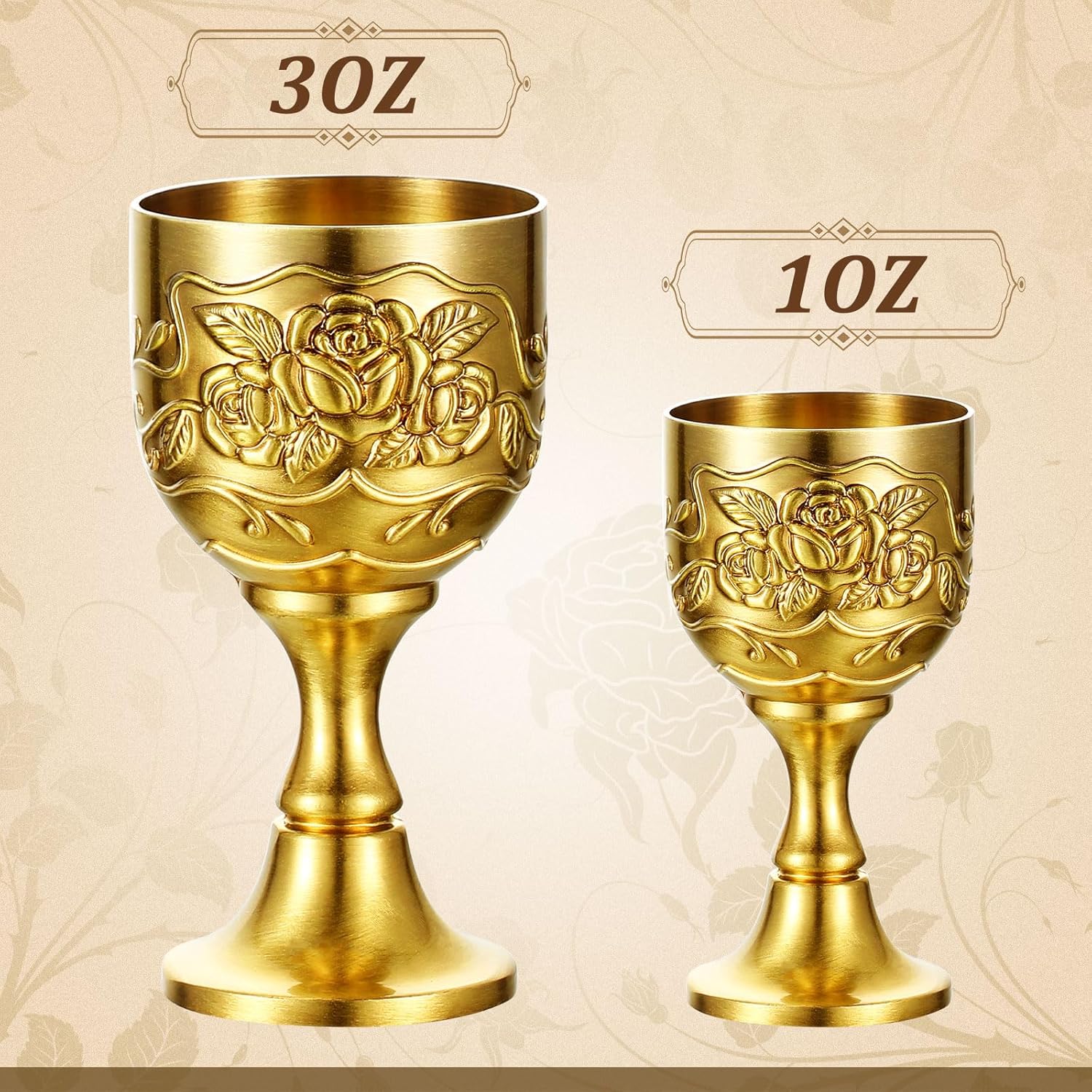 Nosiny 2 Pcs Mini Chalice Goblet Vintage Gold Copper Wine Small Chalice Cup Medieval Wine Glasses Zinc Alloy Flower Embossed Shot Glasses for First Communion Altar Drinking (3 oz)