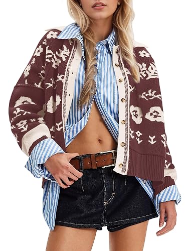 MISSACTIVER Floral Print Button Down Cardigan Sweaters for Women Long Sleeve V Neck Open Front Knit Crop Tops Fall Jacket Brown