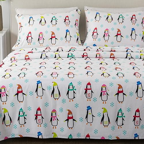 Great Bay Home Juego de sábanas de Navidad de franela de algodón turco 100 %, para niños, bajera con gran caída lateral, suaves, antifrisado, para