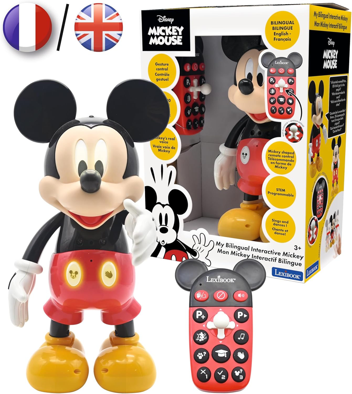 Lexibook MCH01i2 Disney Bilingual Mickey Robot English/Spanish 100 Learning Quiz Light Effects Dance Programmable Articulated Black/Red Medium