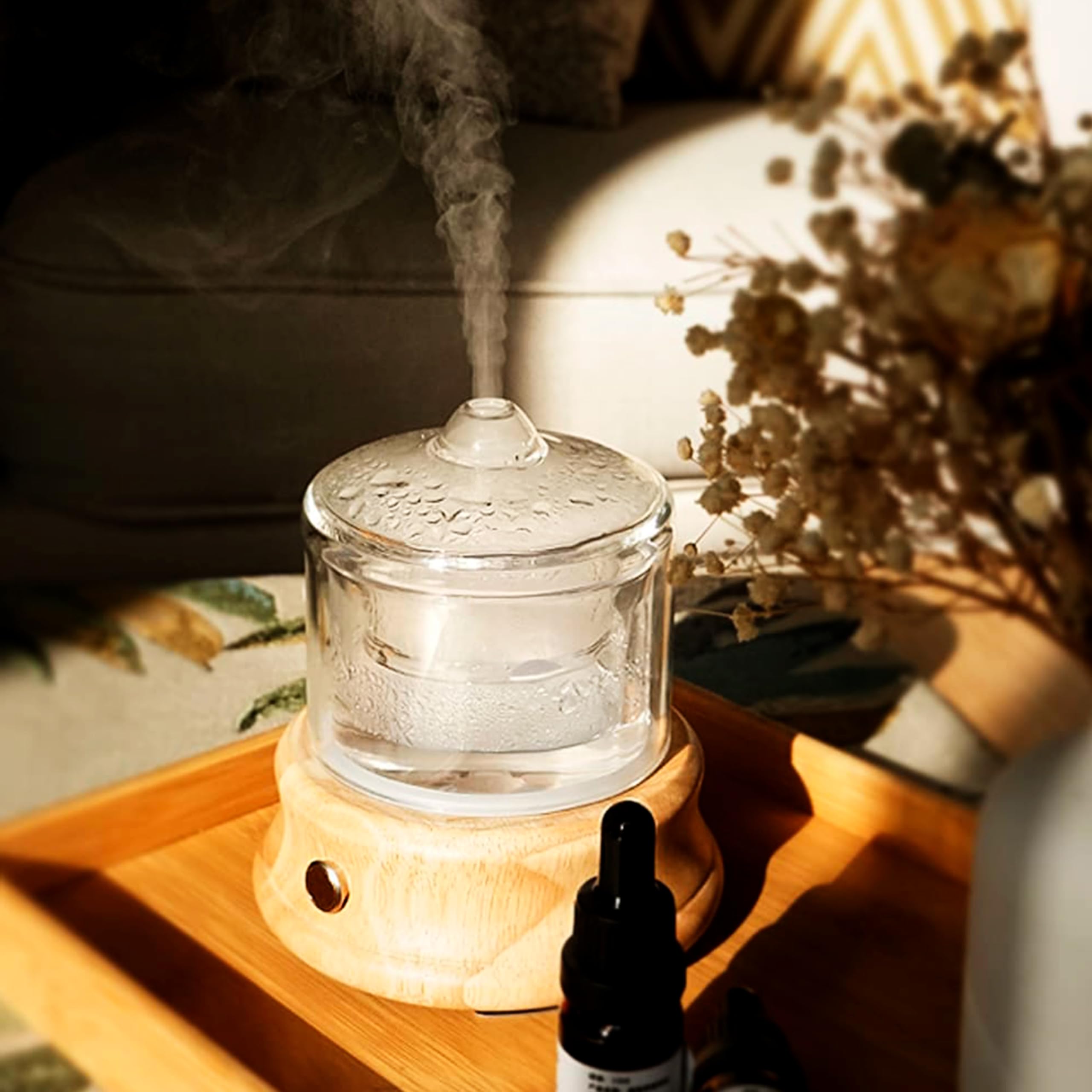 Alma Difusor de Aceites Esenciales – Difusor ultrasónico – Depósito de Vidrio 80 ml · 3,5 MHz – Aromaterapia – Base de Madera auténtica · LED · silencioso – hasta 6 h