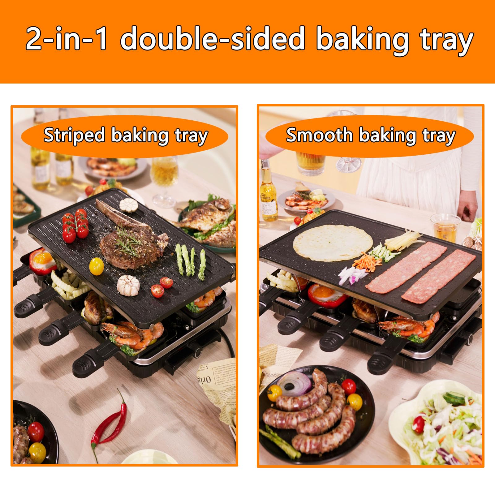 Parrilla de barbacoa coreana 2 en 1, parrilla eléctrica antiadherente Raclette con 8 sartenes de raclette, temperatura ajustable de 1300 W, reversible, sin humo para fiestas familiares en interiores 6