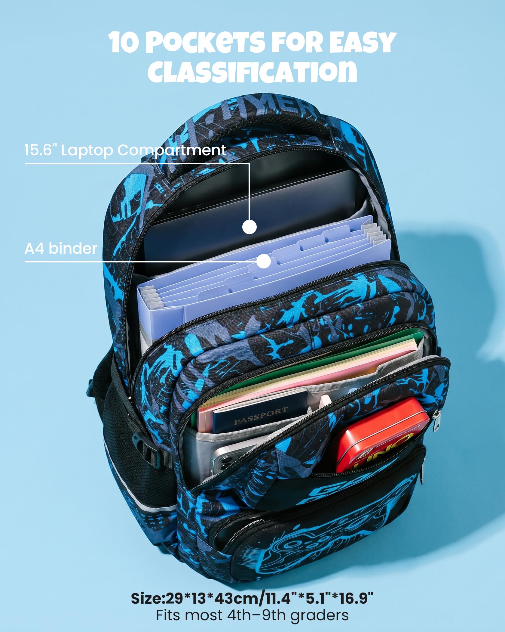 Amythe Cartable Scolaire Garçon Lumineux 3 Pièce 15.6" Imperméable, Bleu