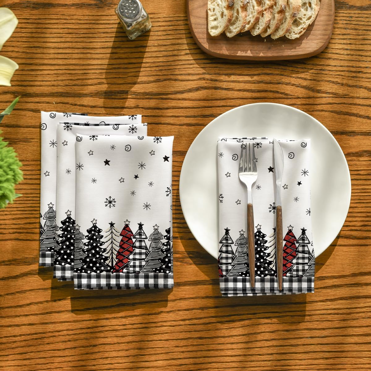 Horaldaily Christmas Cloth Napkins 18 x 18 Inch, Christmas Trees Buffalo Plaid Black Party Dinner Decoration Washable Napkins Set of 12