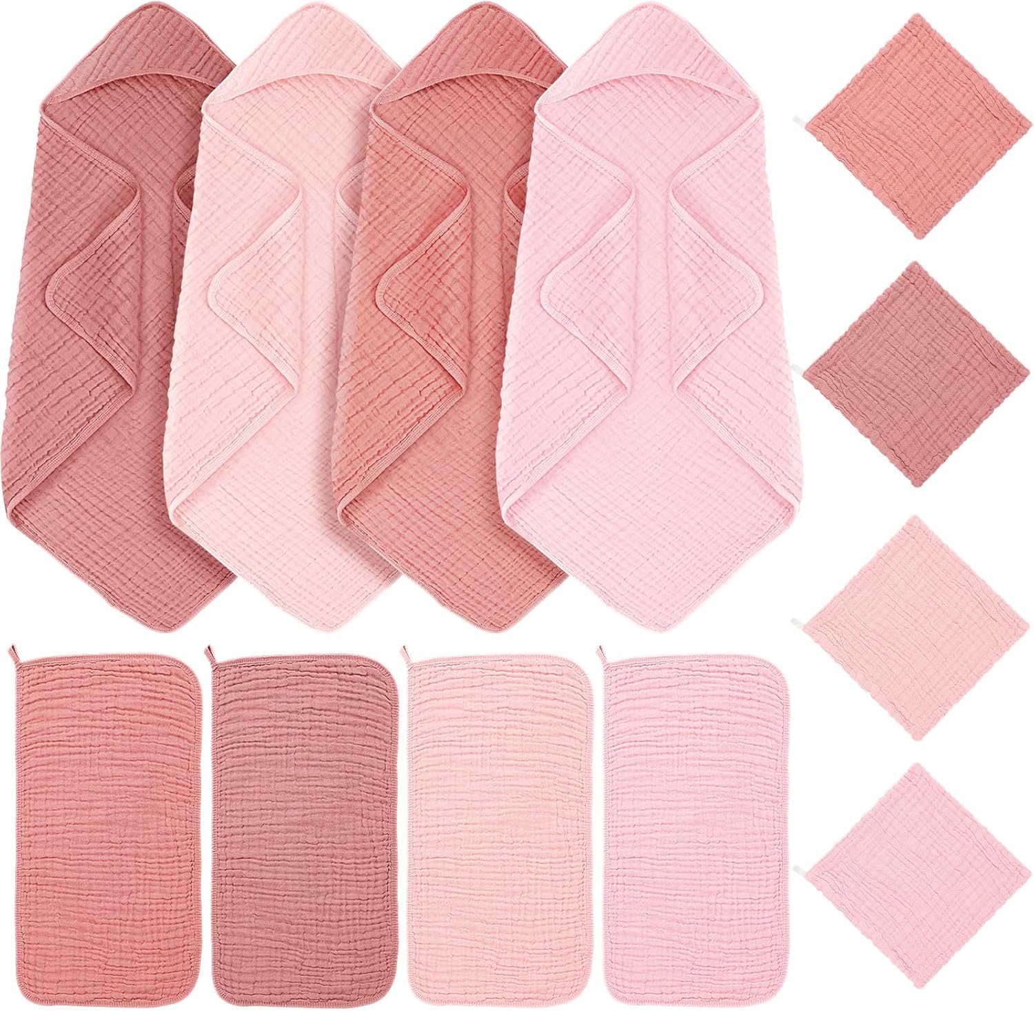 Breling 12 Pcs Muslin Hooded Baby Bath Towel, Hand Towels and Washcloth Set, 36"x 36" Cotton Newborn Bath Towel Cotton Absorbent Blanket Unisex Newborn Gift Essentials for Girl Boy (Pink Series)