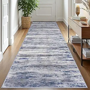 KOZYFLY 3x10 Ft Rug Modern Ombre Runner Rug for Hallway, Washable Kitchen Rugs Non-Slip Soft Striped Entryway Rug, Print Distressed Grey-Blue Abstract Carpet for Laundry Nursery