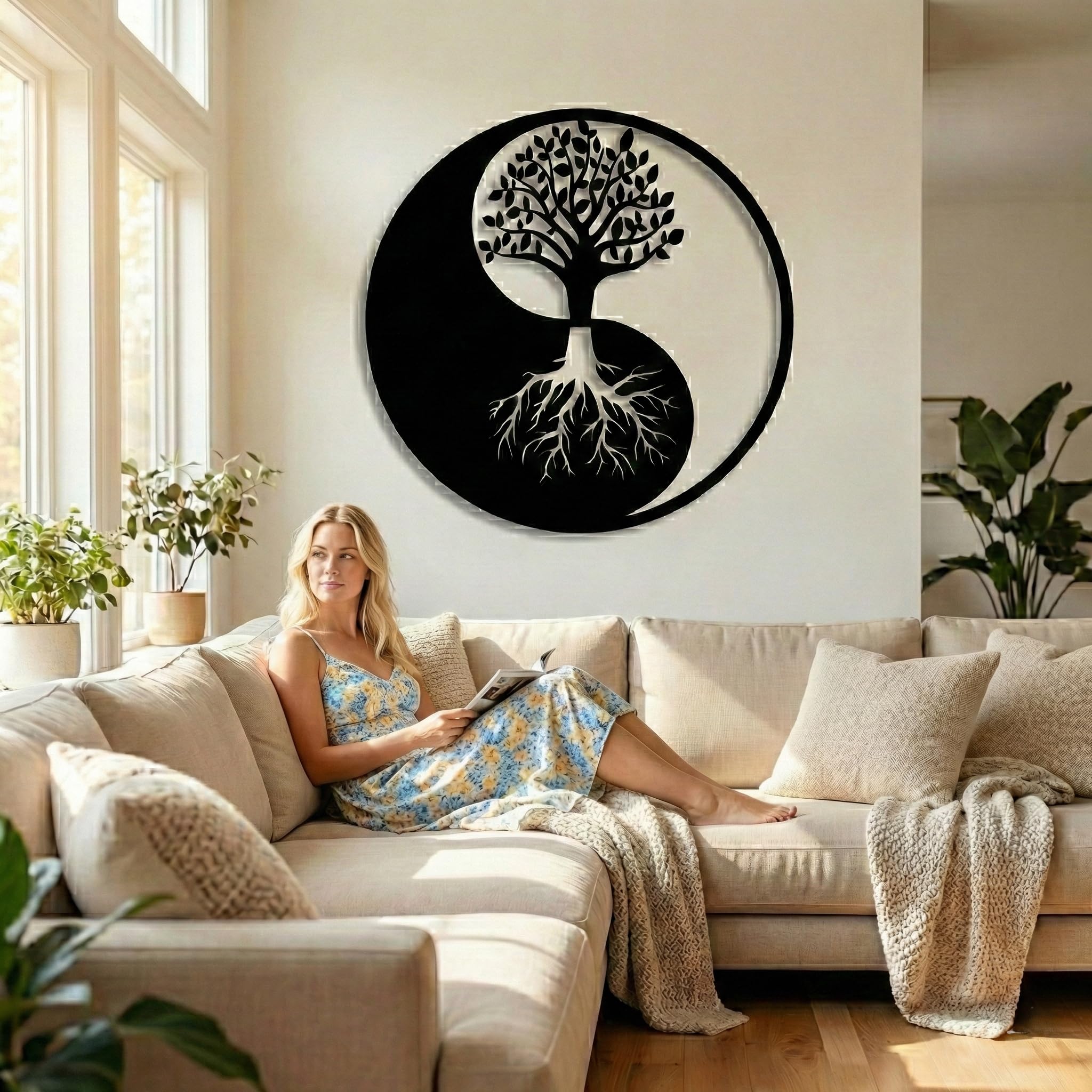 Dekadron Décoration murale en métal - Arbre de vie - Décoration murale en métal Yin Yang 35"W x 35"H / 90x90 cm noir