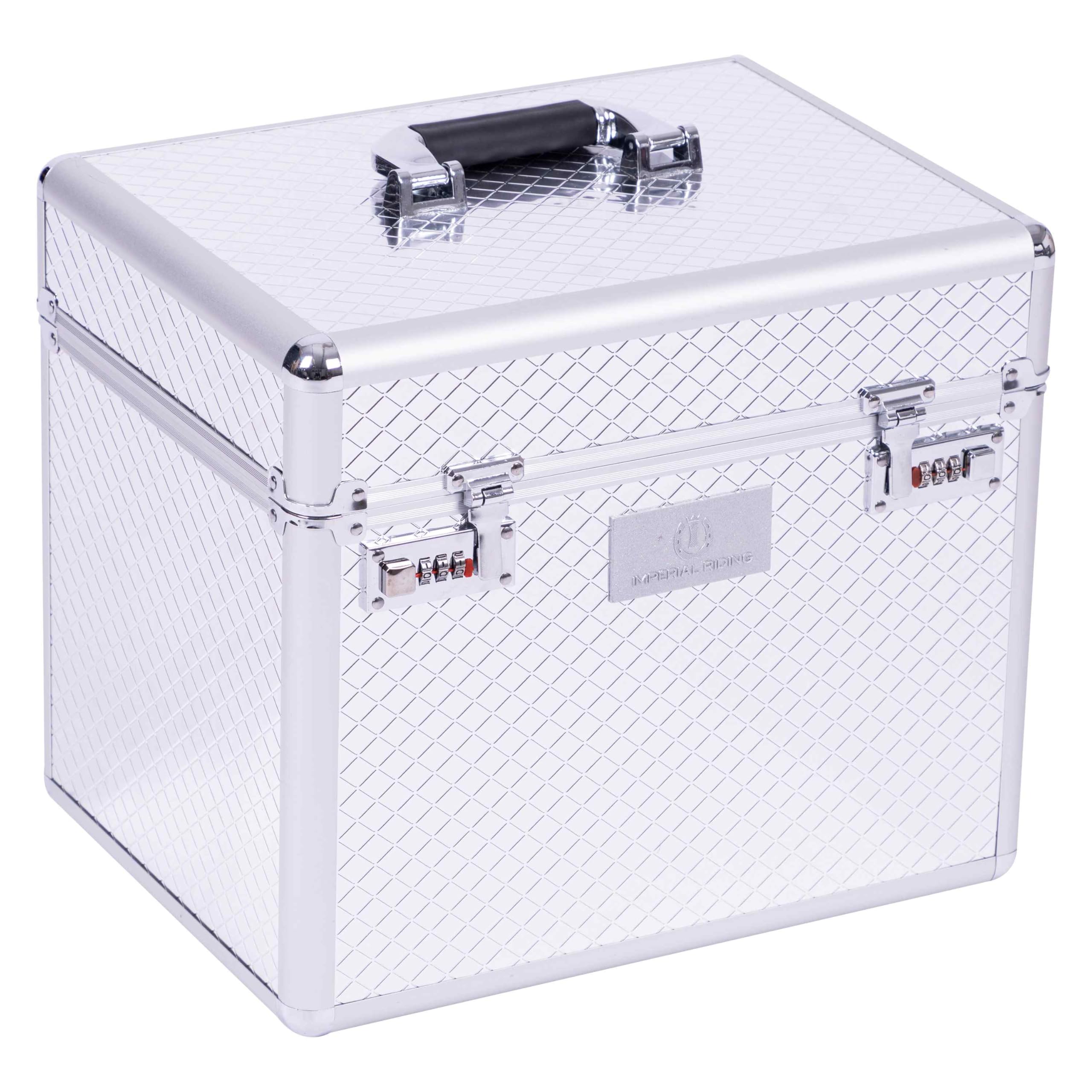 Imperial Riding IRHShiny Putzbox, Putzkoffer mit Zahlenschloss, verstellbare Fächer, Aufbewahrungsbox für Putzzeug, mit Spiegel im Deckel, hochwertiger Putzkasten, 38x28x32cm, Shiny Silber