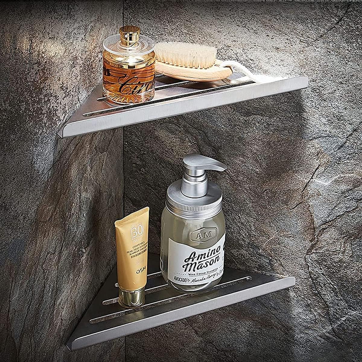 Estantes de Esquina de Acero Inoxidable Cepillado Organizador de Ducha sin Perforación Cesta de Ducha Montada en la Pared Estante de Accesorios de Baño para Baño Cocina (2 piezas)
