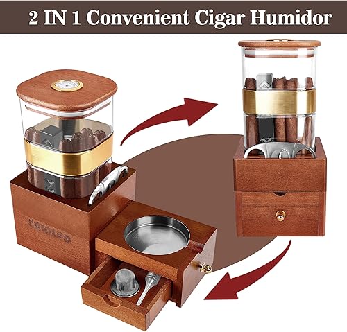 Miniatura 2 de Caja de humidor de puros 2 en 1, kit de gabinete humidificador de cigarros con bandeja de tarro de higrómetro, soporte para cortador de puros, cajón