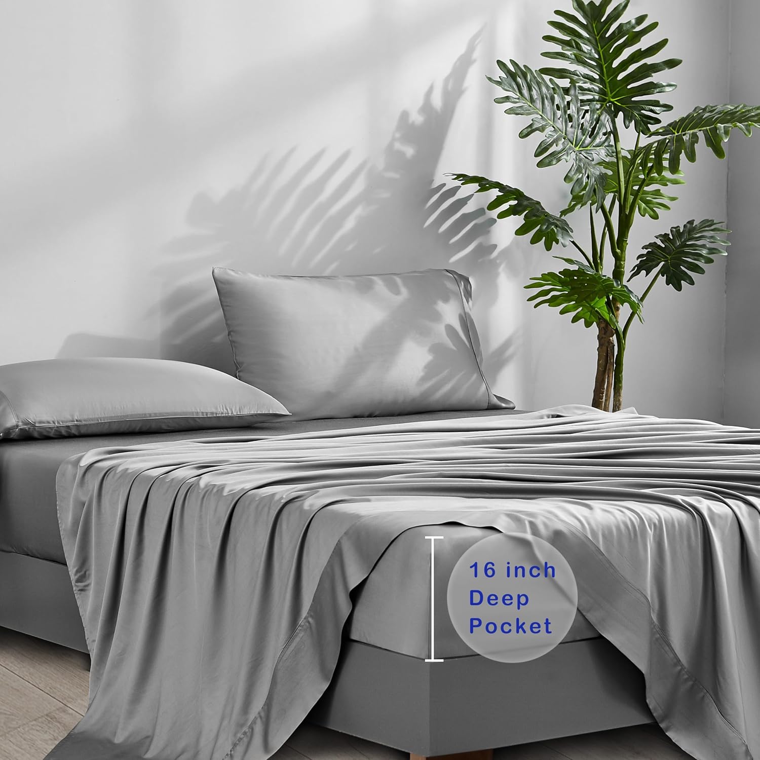 ACCURATEX Cooling Sheets King Size - Viscose Made from Bamboo, Luxury Cool Silky Sheet Set for King Size Bed, Super Soft Breathable Bedding Sheets up to 16 inches Deep Pockect,Grey - Image 5