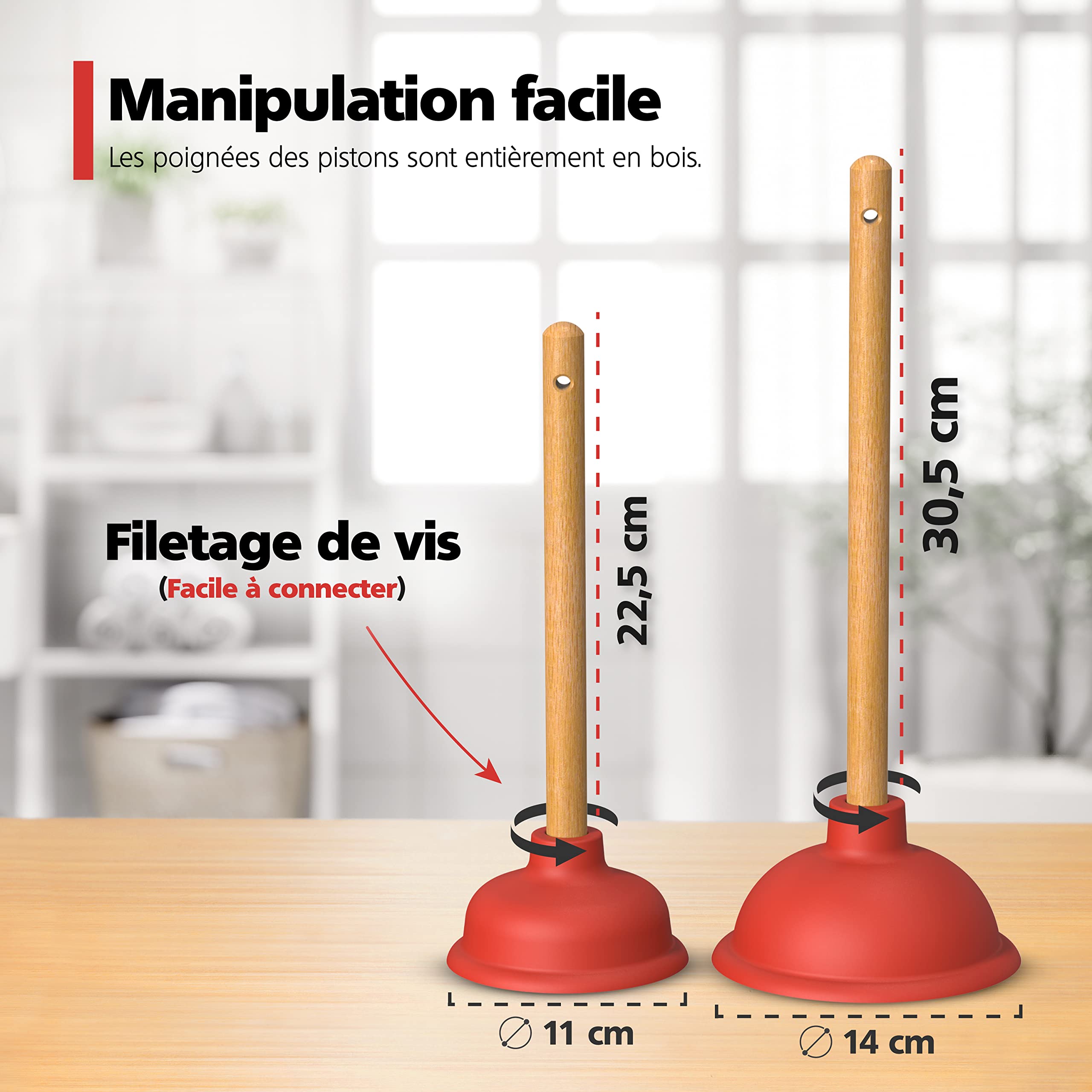 Nirox Déboucheur à ventouse 110 140 mm Débouchage canalisation avec poignées en bois sans produits chimiques