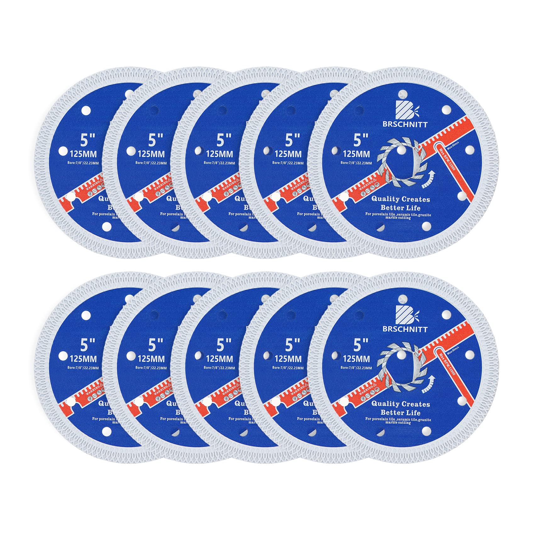 Super Thin Diamond Porcelain Saw Blade with X Teeth,BRSCHNITT 10pcs 125mm x Arbor 22.23mm Angle Grinder Diamond Cutting Disc for Dry/Wet Cutting Porcelain Tile Ceramic Marble Granite