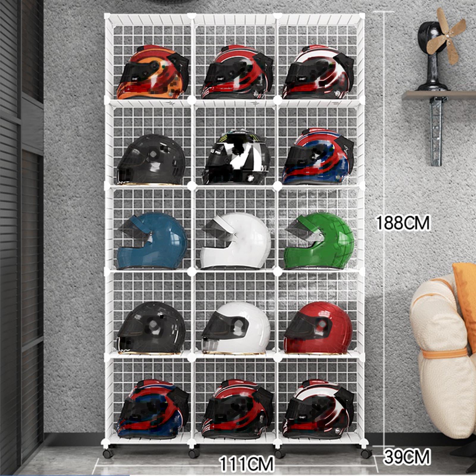 Motorradhelm-Aufbewahrungsregal - Metallhut Organizer für Fußball-, Fahrrad- und Baseballhelme - Großer Hutanhänger für Geschäft, Werkstatt und Garderobe Schwarz, 15 Gitter