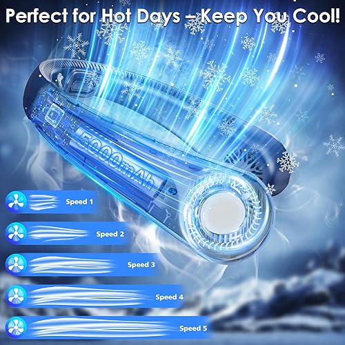 Miniatura 2 de Ventilador de cuello ligero portátil recargable, 5 velocidades, soporte para el cuello, ventilador de cuello de enfriamiento personal USB sin aspas