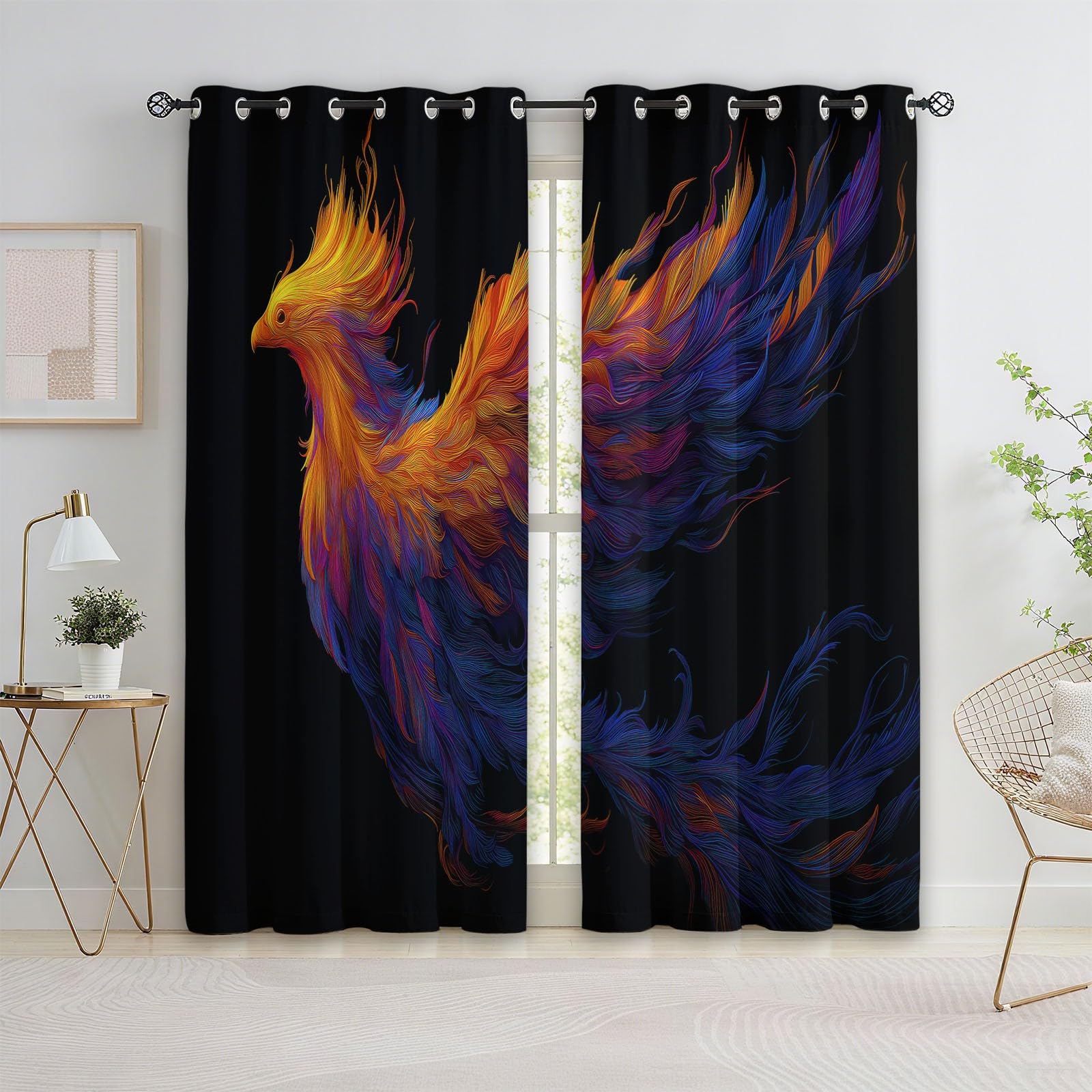 2 panele Zasłony zaciemniające 117 x 229 cm, fantazja odrodzony feniks z nadrukiem z oczkami dla dziewczynek i chłopców, do salonu, sypialni, miękka i odporna na zmarszczki, czarna
