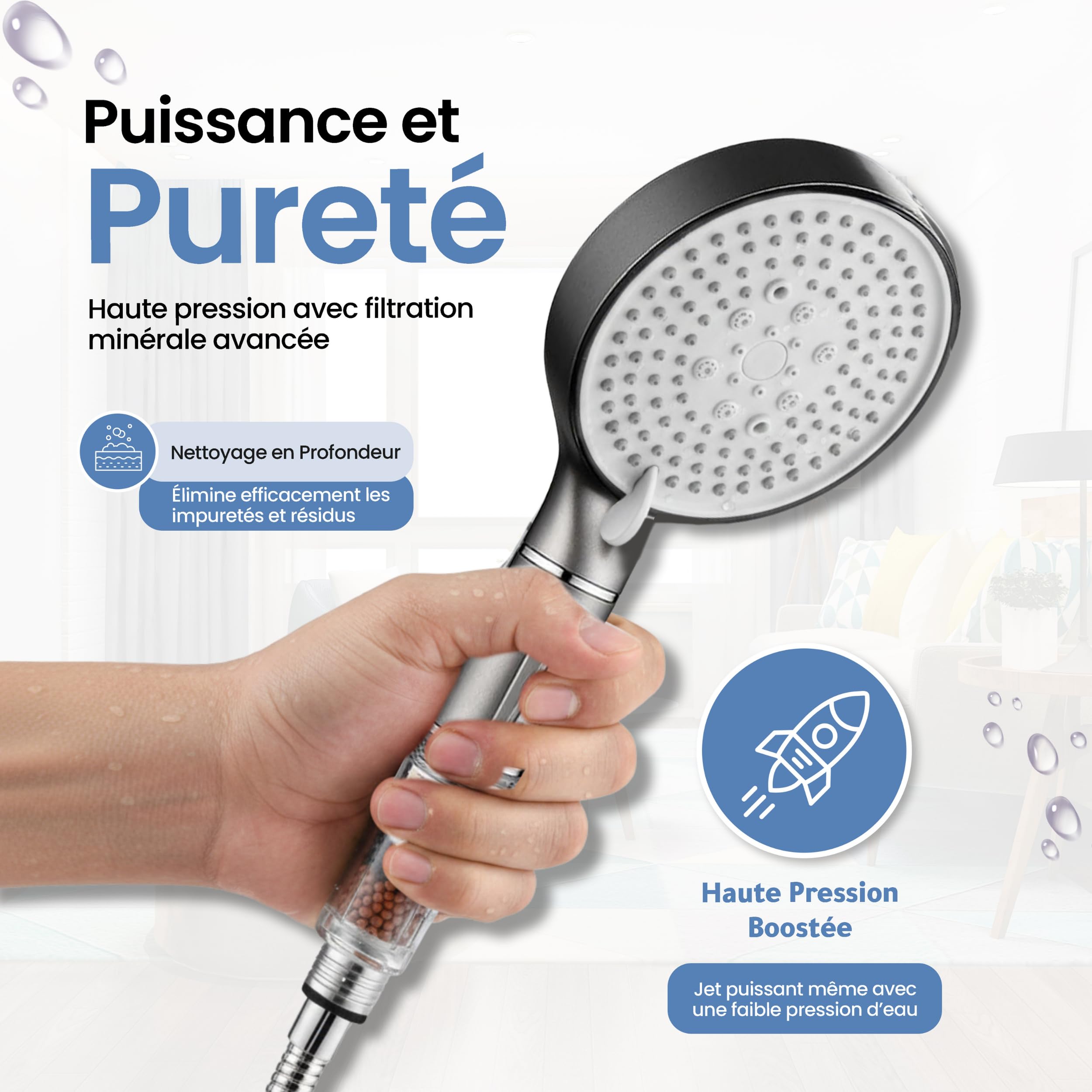 MELTA® Pommeau de Douche Haute Pression Filtrant avec Flexible 1,5 m – Douchette Anti Calcaire avec Filtre Minéral, 5 Modes de Jet, Bouton Stop Eau, Installation Sans Outils, Universel (NICKEL BROSSÉ) - 5