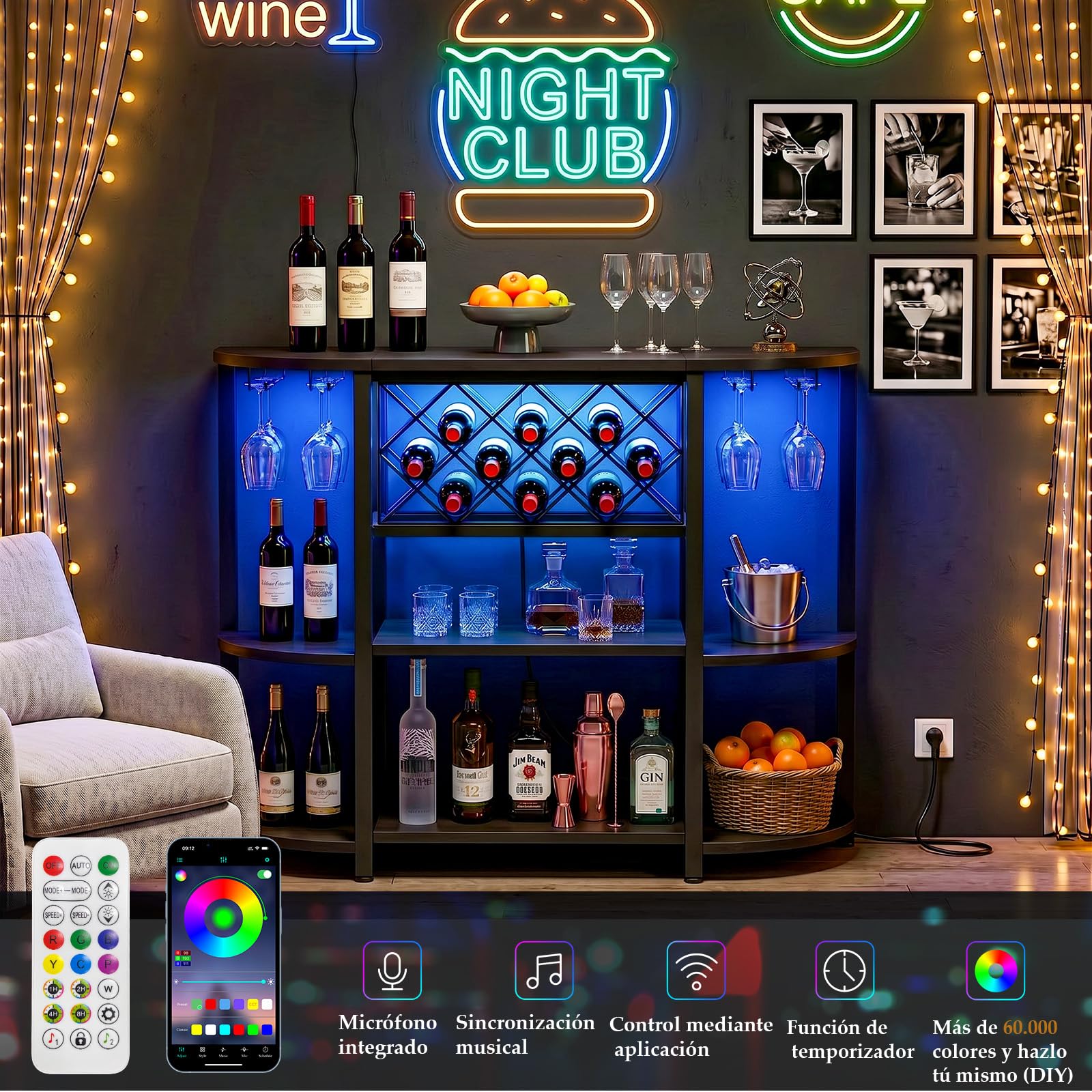 Homieasy Vinoteca Botellero Mueble Bar con LED RGB USB-C Industrial | Madera y Metal, 120 X 40 X 91 Cm, Para Cocina y Salón