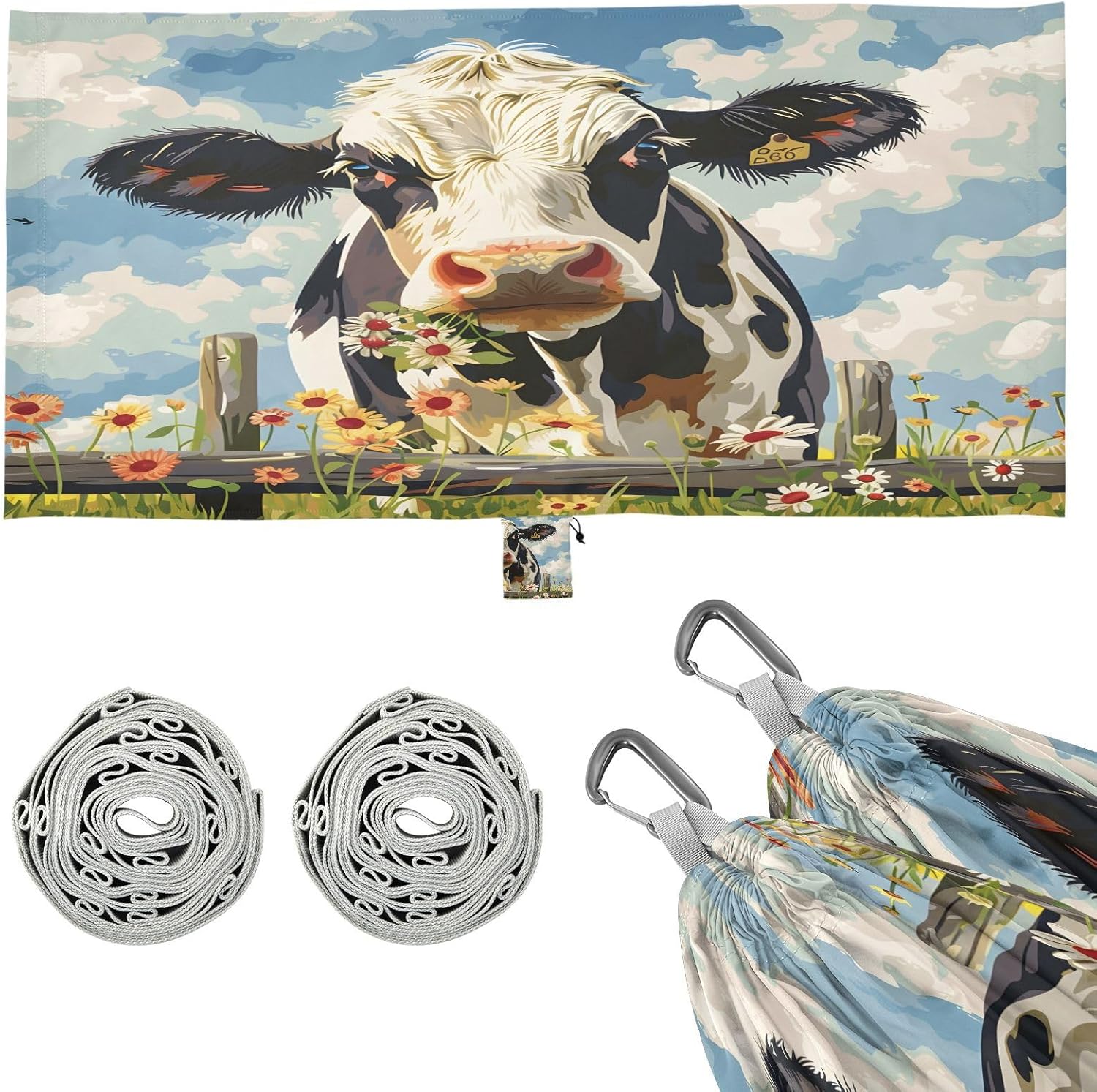 ALAZA Cow in Farm Camping Hammocks Single or 2 Person 500 lbs Portable Parachute Travel Hammock w/Tree Straps for Hiking Backpacking Indoor Outdoor