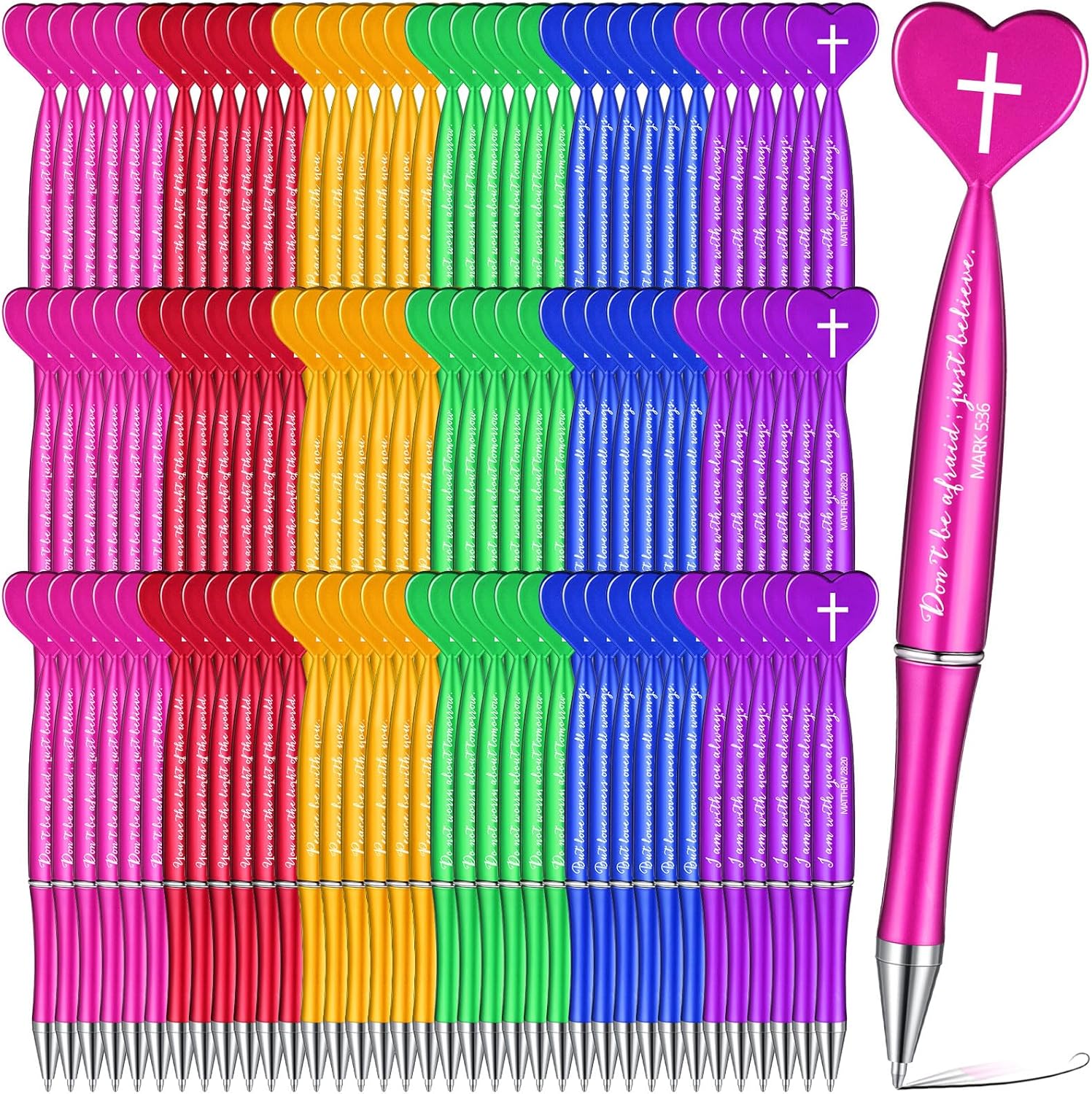 Sayglossy 120 Pcs Christian Gifts Pens Bulk Motivational Bible Verse Quote Heart Shaped Motivational Ballpoint Pens for Church 6 Colors