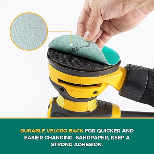 Miniatura 6 de S SATC Papel de arena de 5 pulgadas, discos de lijado con gancho y bucle, disco de lijado de película verde de grano 180, paquete de 50 almohadillas