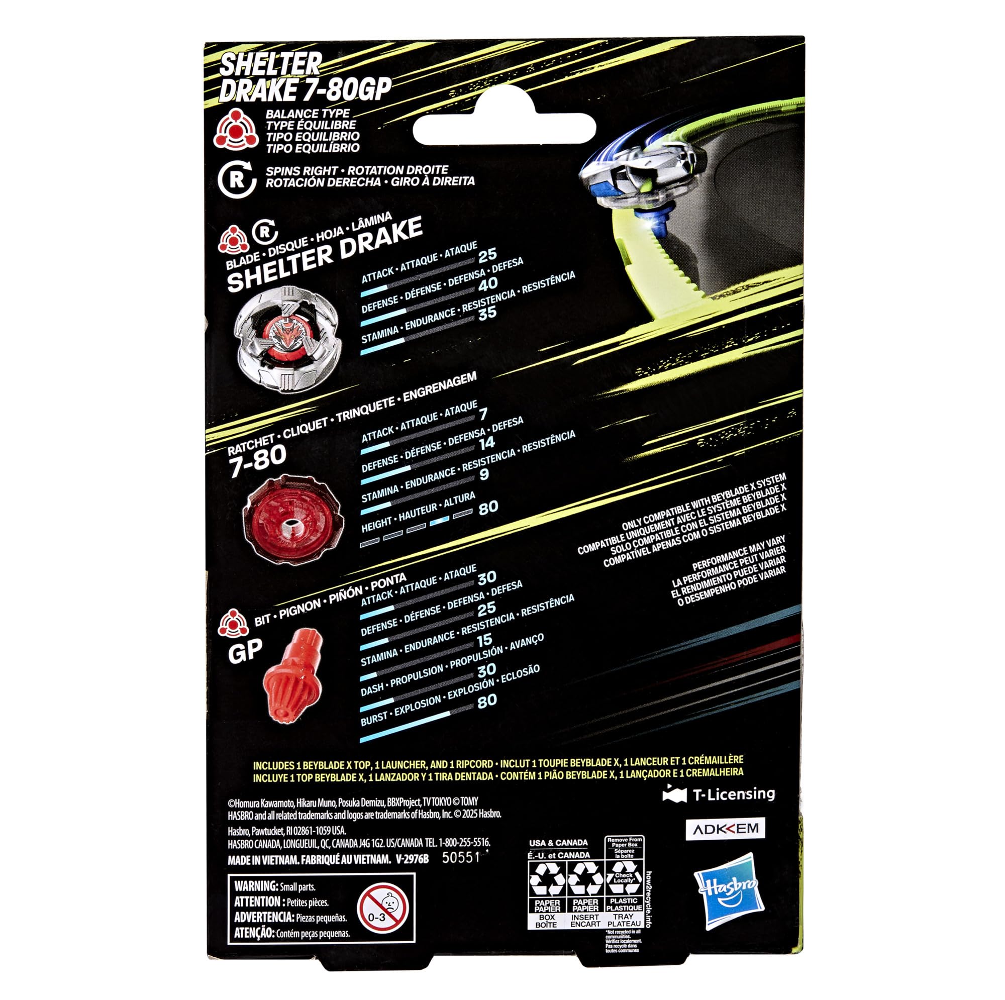 Pakiet startowy Beyblade X Shelter Drake 7-80GP BX, bączek i wyrzutnia