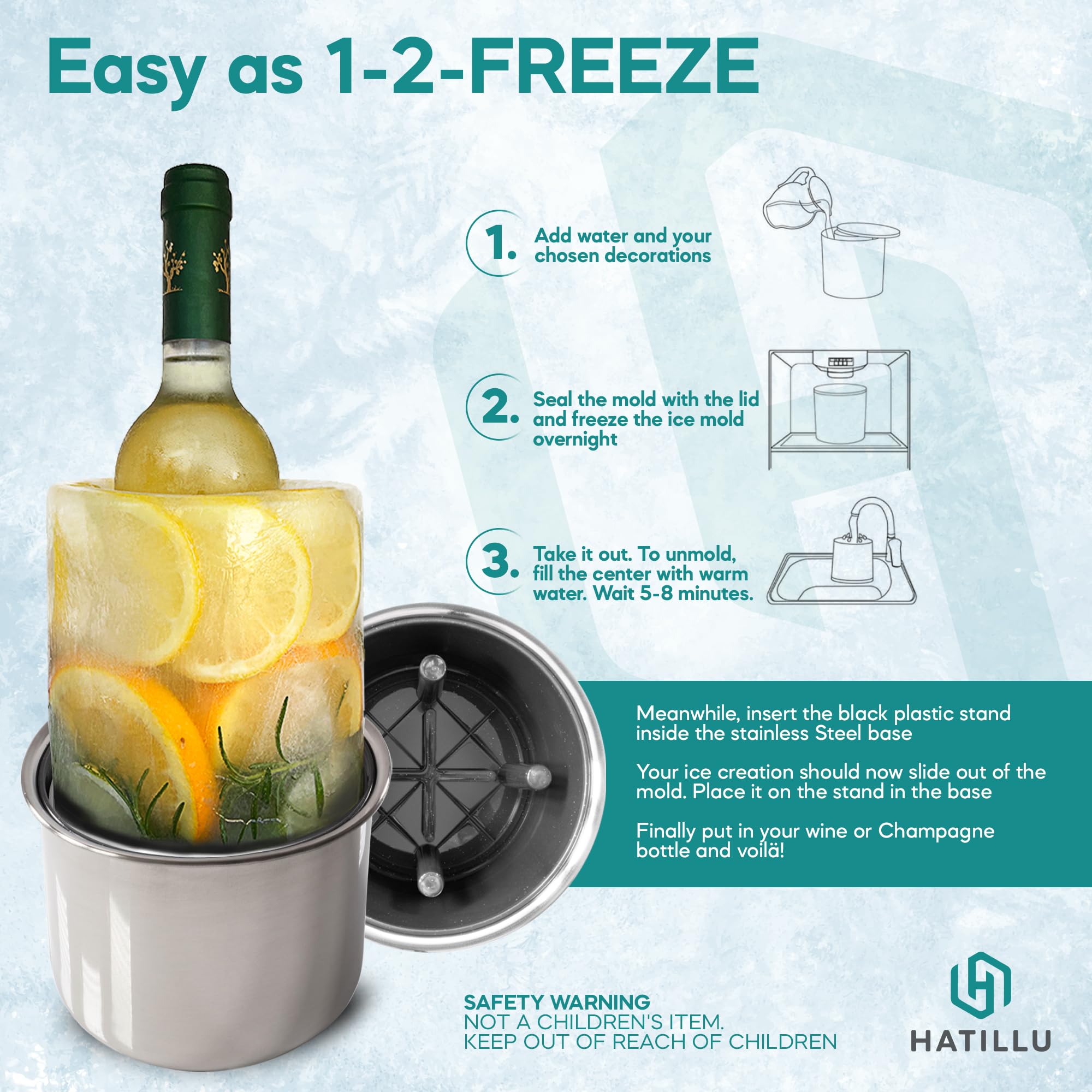 Molde de Hielo para Enfriar Botellas de Vino, Cubeta Enfriador de Champán, Personalizable con Flores y Frutas, Centro de Mesa Único para Fiesta y Celebraciones, con 12 Marcadores de Copas