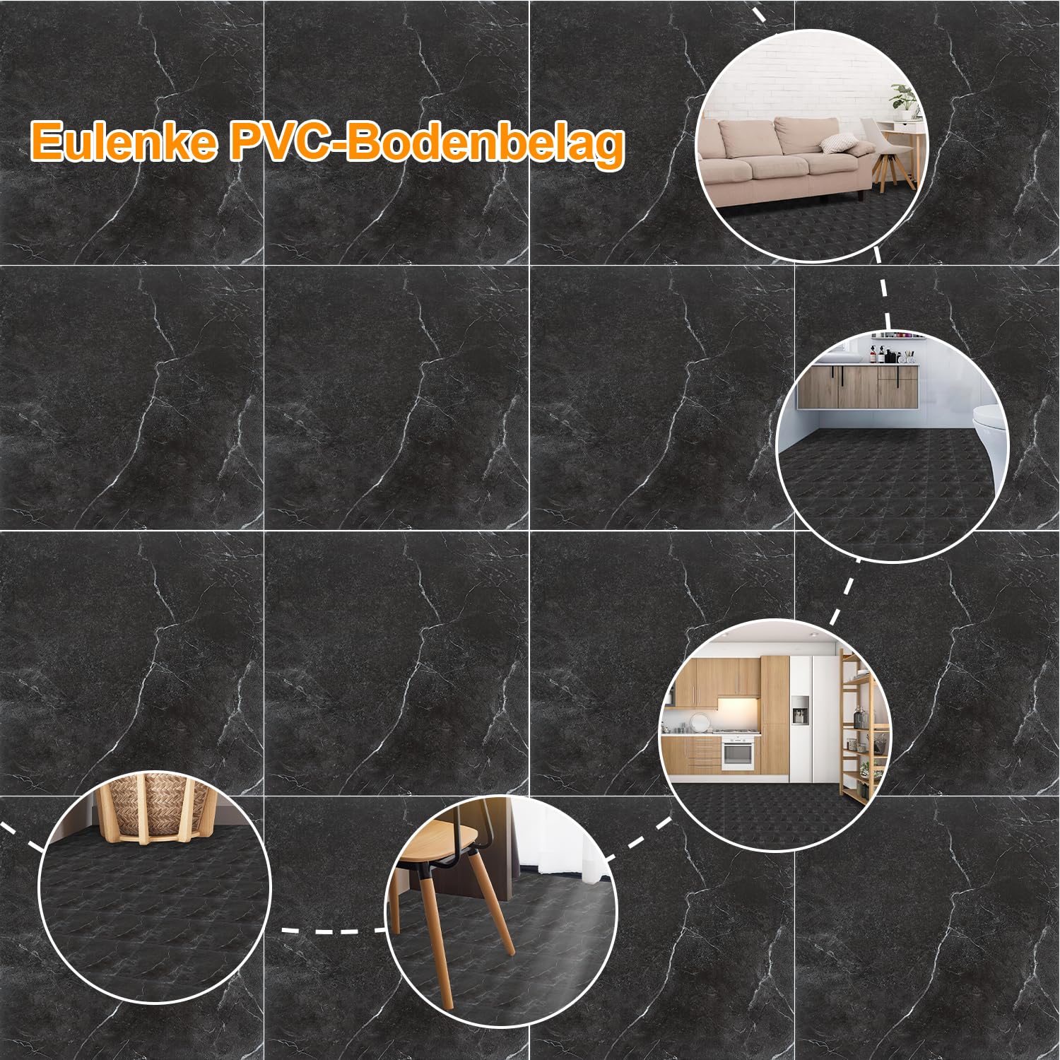 Pavimento in PVC autoadesivo, 30 x 30 cm, spessore 1,5 mm, laminato in vinile, 10 m²/110 piastrelle, antiscivolo, impermeabile, per soggiorno, cucina (marmo nero)