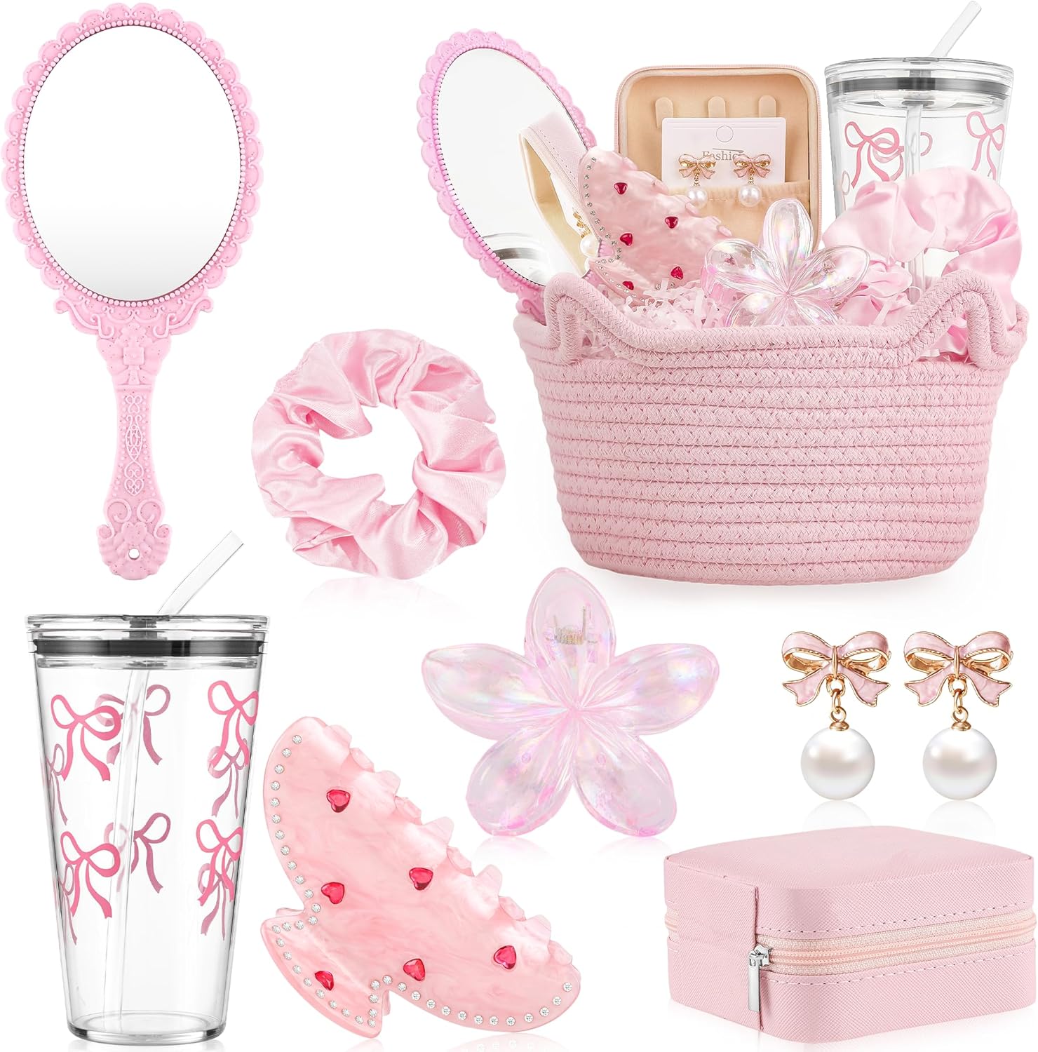 9Pcs Valentine's Day Basket Gifts for Her, Pink Woven Basket Birthday Gift Set Include Woven Basket, Cup, Earring, Flower Clip, Valentine Gift Stuffers for Mom Wife Daughter Teen Girlfriend