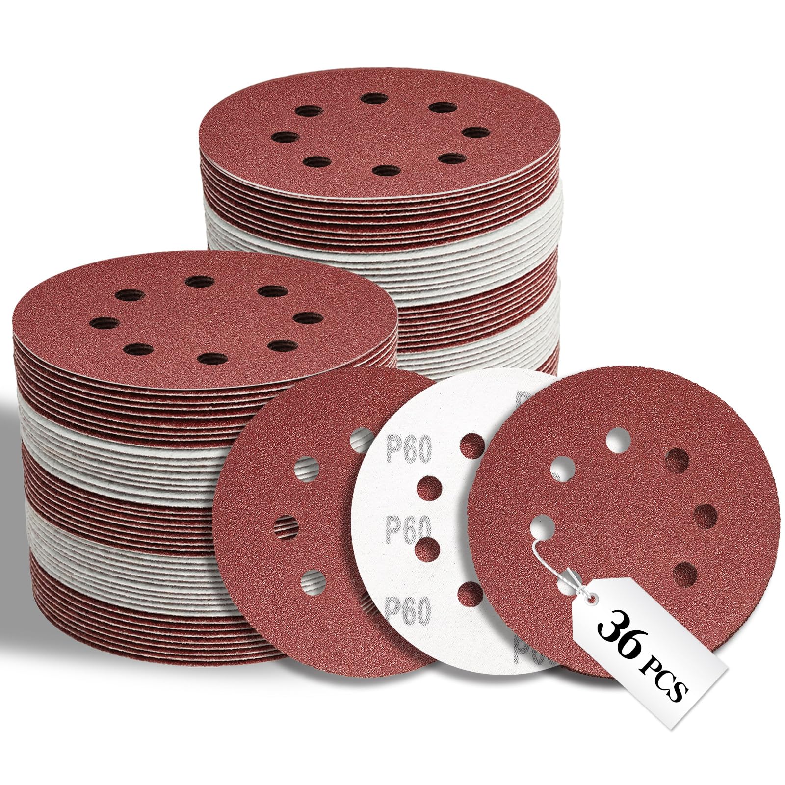 VKMKM 125mm Sanding Discs 36PCS, 60 Grit Orbital Sander Discs, 8-Hole Hook and Loop Sandpaper for Wood & Metal, Aluminium Oxide