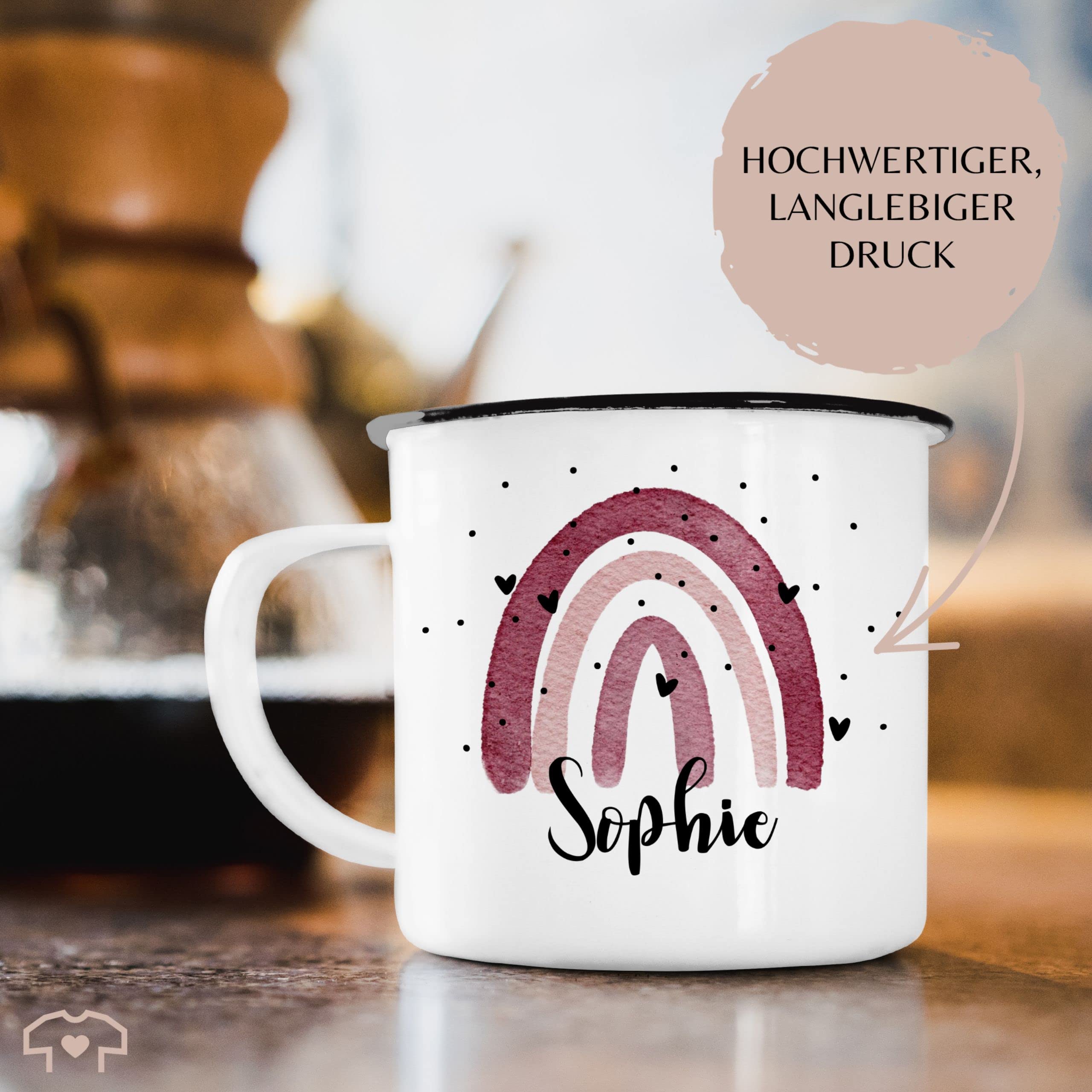 Personalisiertbare Emaille Tasse - Boho Regenbogen Design Mit Namen - 300 Ml (Weiß/Schwarz)