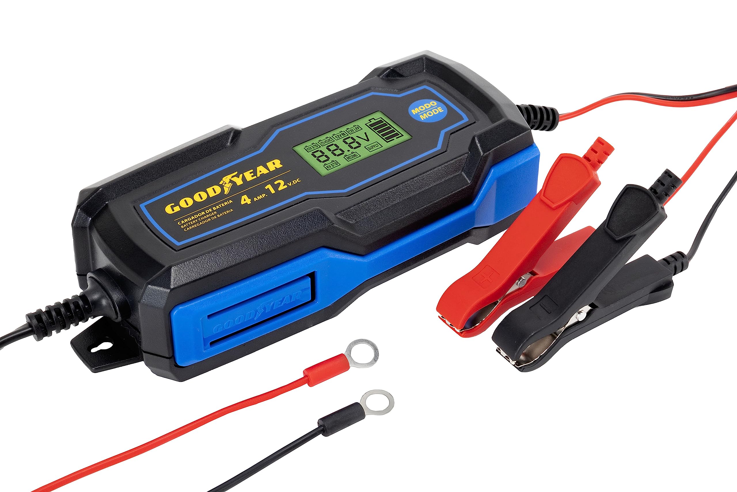Goodyear Evo Chargeur de Batterie Intelligent 4.0 Amp avec Joint Torique 6-12V pour Les Batteries STD, AGM, Gel et LiFePO4. Capacité de 4-120Ah.