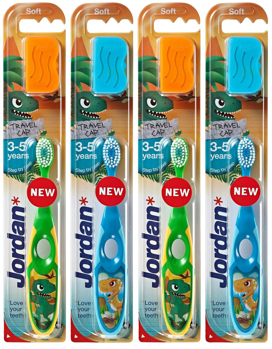 Jordan Step 2 Kids toothbrush, 3-5 Years, Soft Bristles, BPA Free (4 Pack), packed for evaluecan (blue)