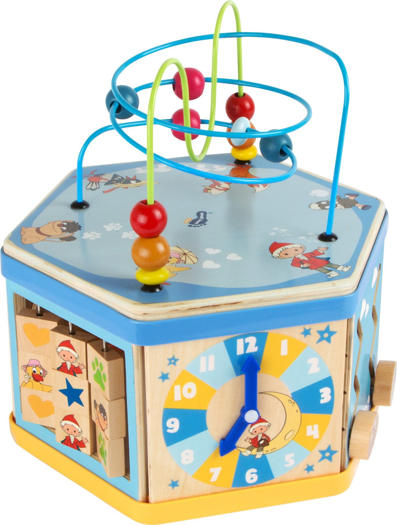 Small Foot 10433 - Cubo de motricidad Sandmännchen, con Formas, Juego de Empuje, Caja de música y bucles de motricidad, a Partir de 1 año