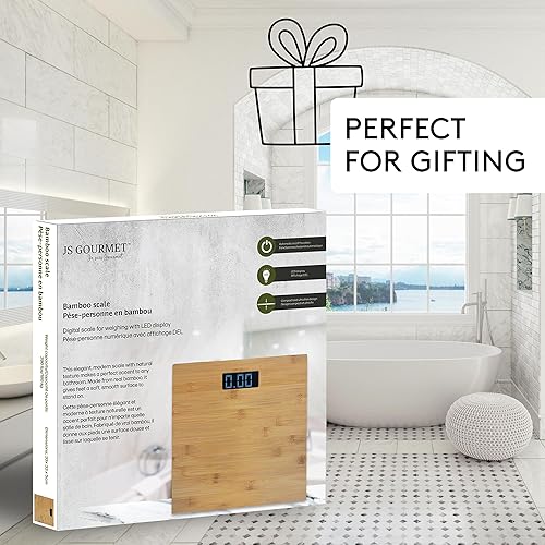 Miniatura 8 de Báscula de bambú de madera para baño con pantalla LCD digital, capacidad máxima de 396 libras, añadiendo un toque elegante y moderno a tu inodoro