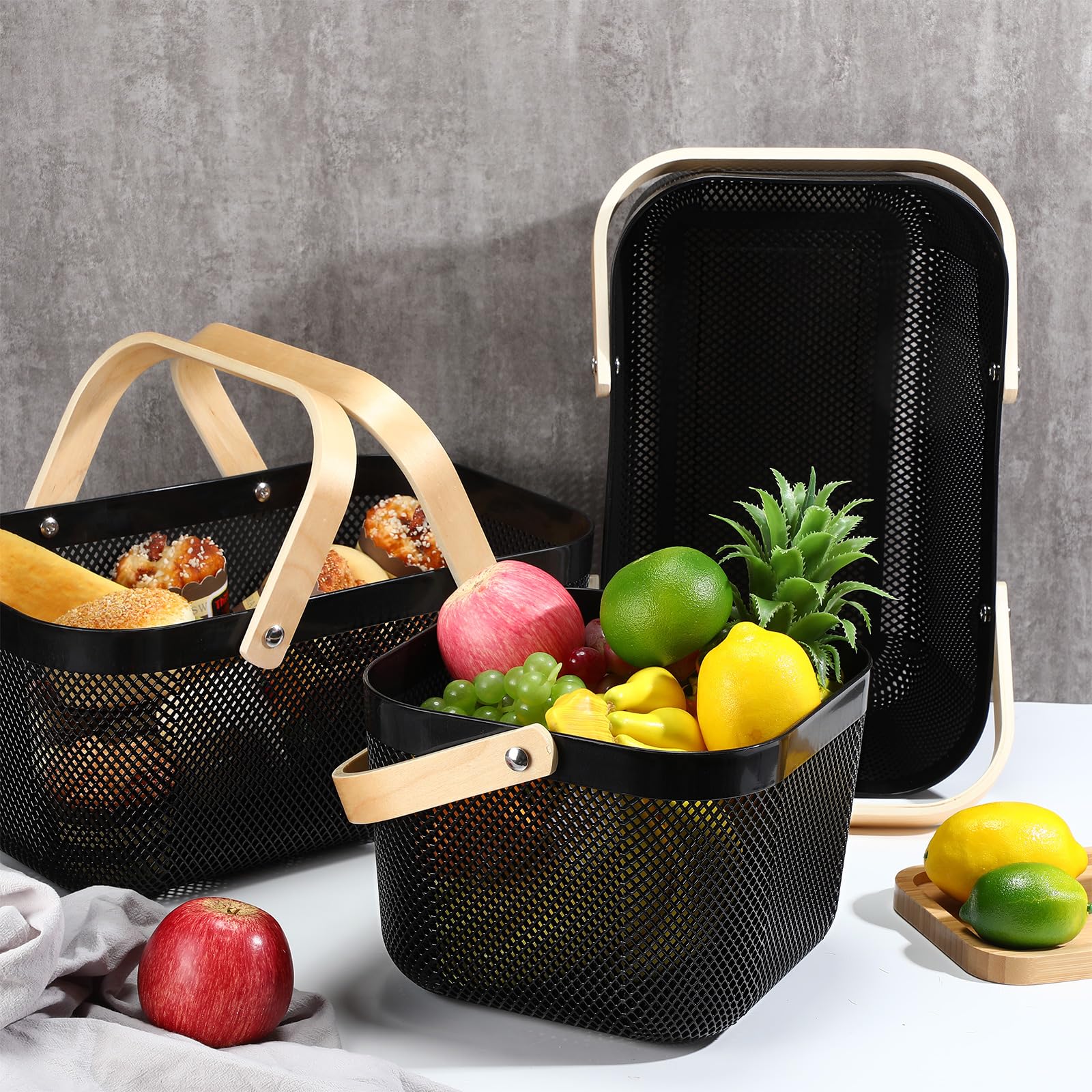 Sadnyy 4 Stück Kunststoff-Netz-Garten-Erntekorb, Aufbewahrungskorb mit Holzgriff, multifunktionaler Netzkorb für Küchenschrank, Picknick, Obst, Gemüse, Versammlung, Organizer, groß, klein, schwarz