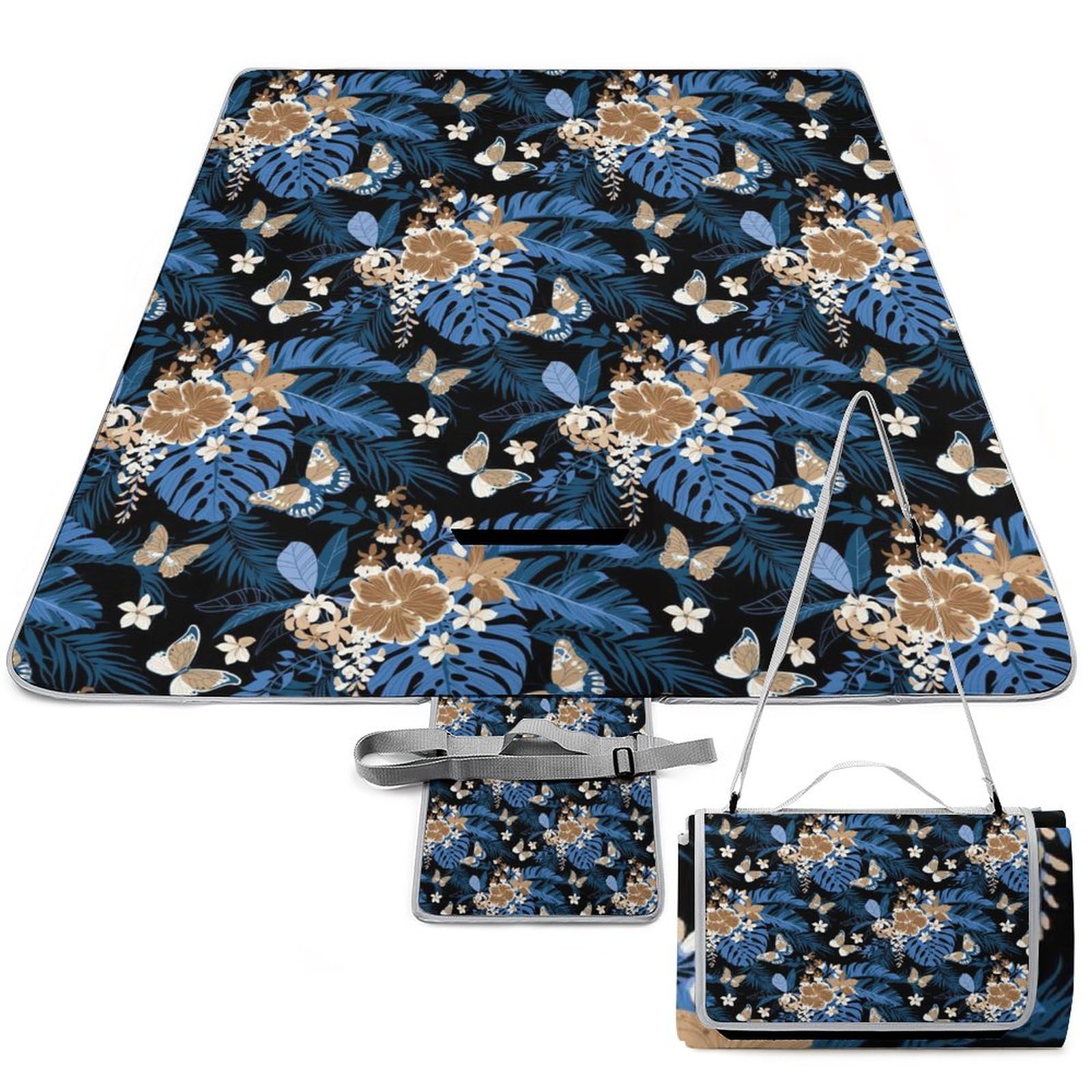 Tropical-Flowers Pattern Picnic Blanket Waterproof Foldable, Large Outdoor Picnic Blanket Beach Blankets Camping Blanket Travel Mat, Shoulder Strap Tote, Rectangle 58x58in