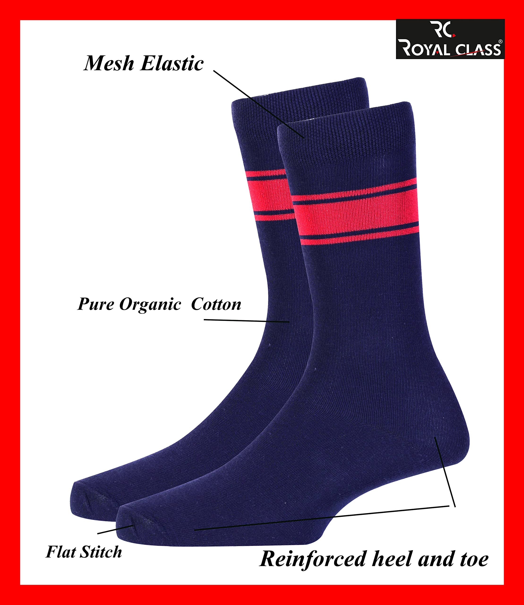 RC. ROYAL CLASS Kv(Kendriya Vidyalaya) School Pure Cotton Calf Length Socks For Boys & Girls-Navy Blue With Red Stripes(Pack Of 5 Pairs)(9-10 Years) 2
