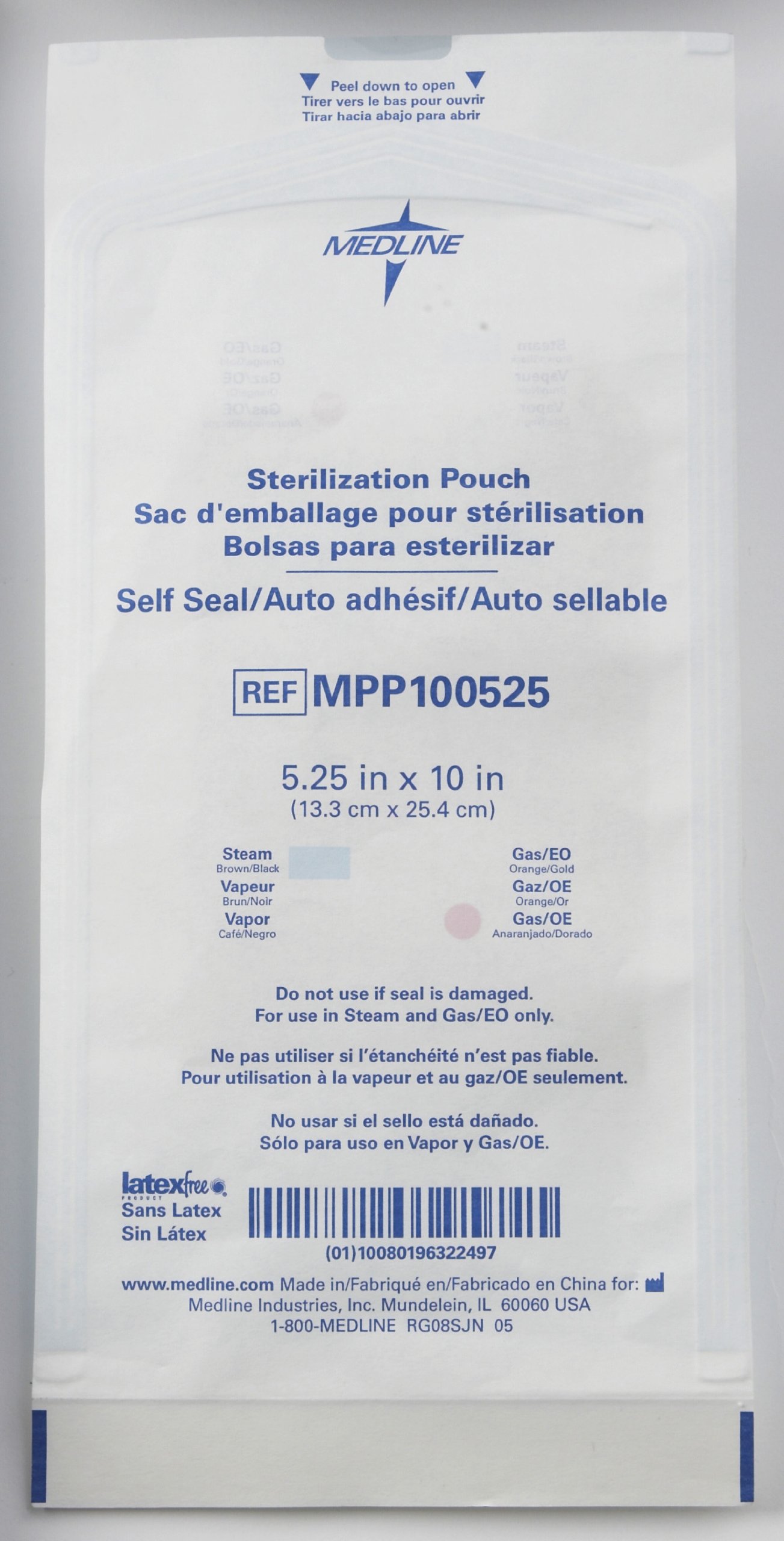 Medline Self-Seal Sterilization Pouches for Steam and Gas, 5.25 Inches x 10 Inches, Distinct Color Change Indicator, Strong Material, Prefolded, Box of 200 Each