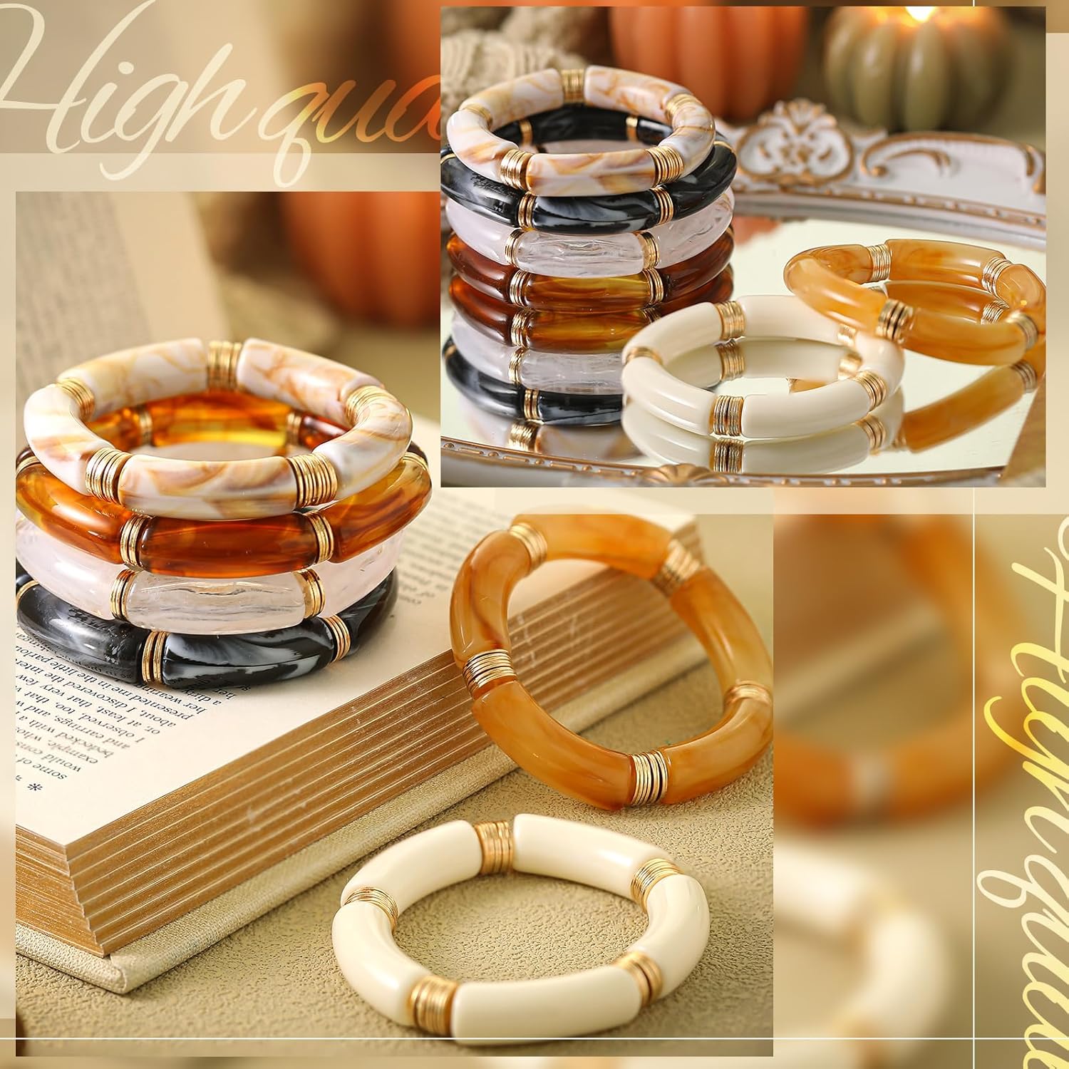 Quelay 6 Pcs Simple Beaded Bamboo Bangles Bracelets Set for Women Chunky Vintage Bamboo Bead Tube Bangles Curved Stacking Clear Acrylic Colorful Beads Stretchable Punk Bracelets - Image 6