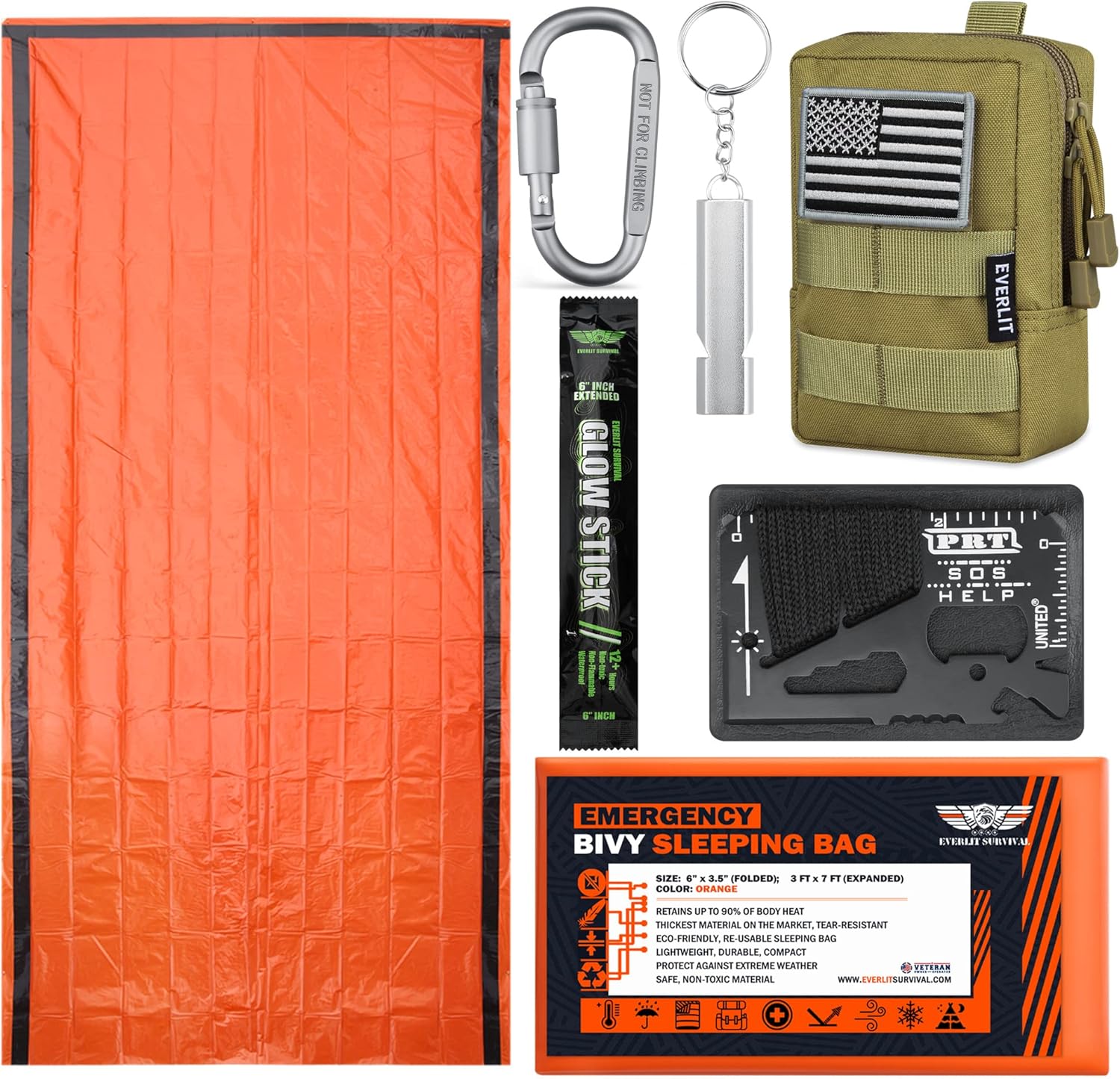 EVERLIT Bivy Sack Mylar Thermal Blanket Emergency Sleeping Bag Survival Kit, Glow Stick, Emergency Whistle, Multifunctional Tool Card, Tactical Pouch Perfect for Camping Hiking Outdoor (Tan) : Sports & Outdoors