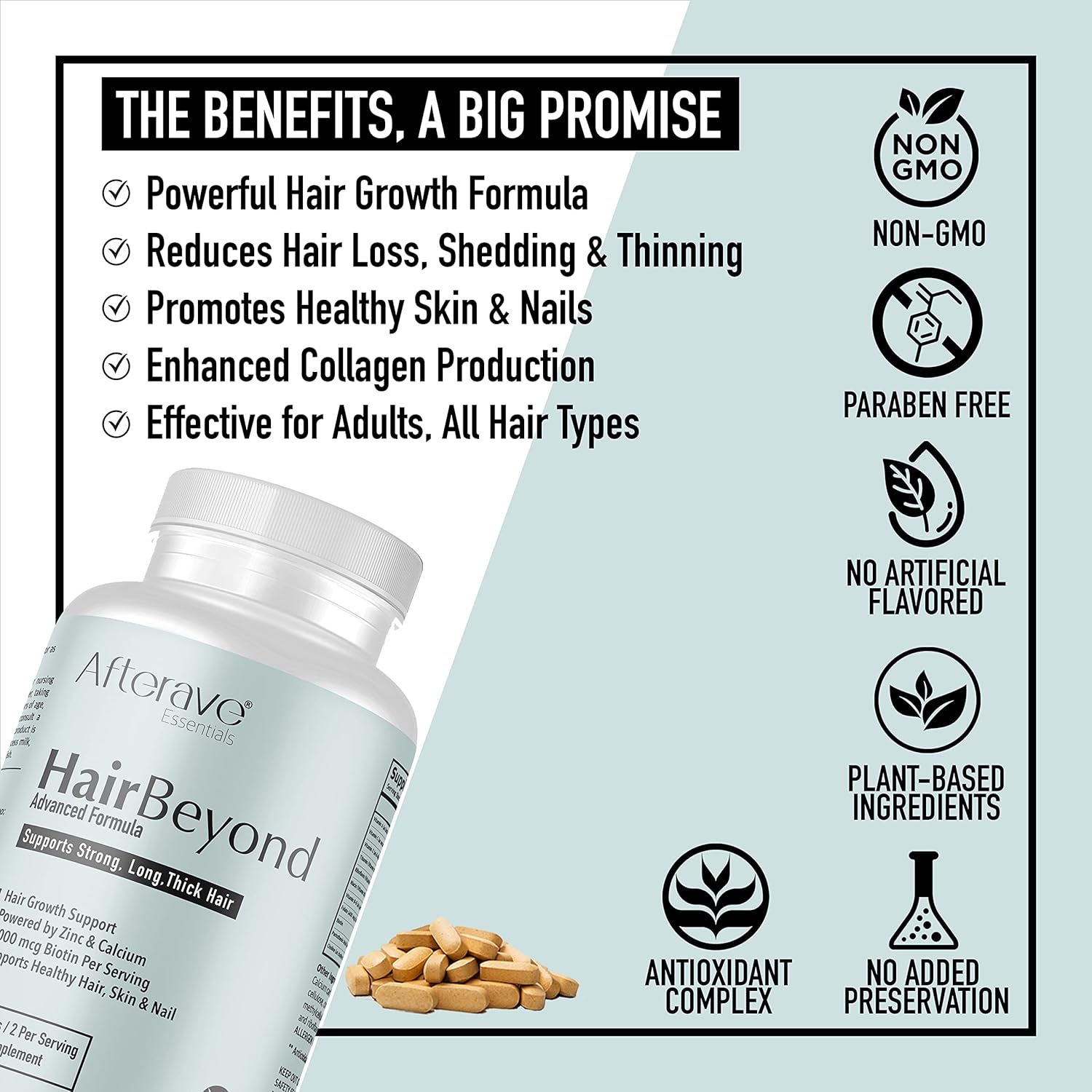HairBeyond Advanced Formula Hair Growth, Skin & Nail Strength by Afterave Essentials, Enhanced Collagen Production, Antioxidant Vitamin A, C, E, B Complex, Biotin, Zinc, Calcium, Energy & Immune Boost : Health & Household