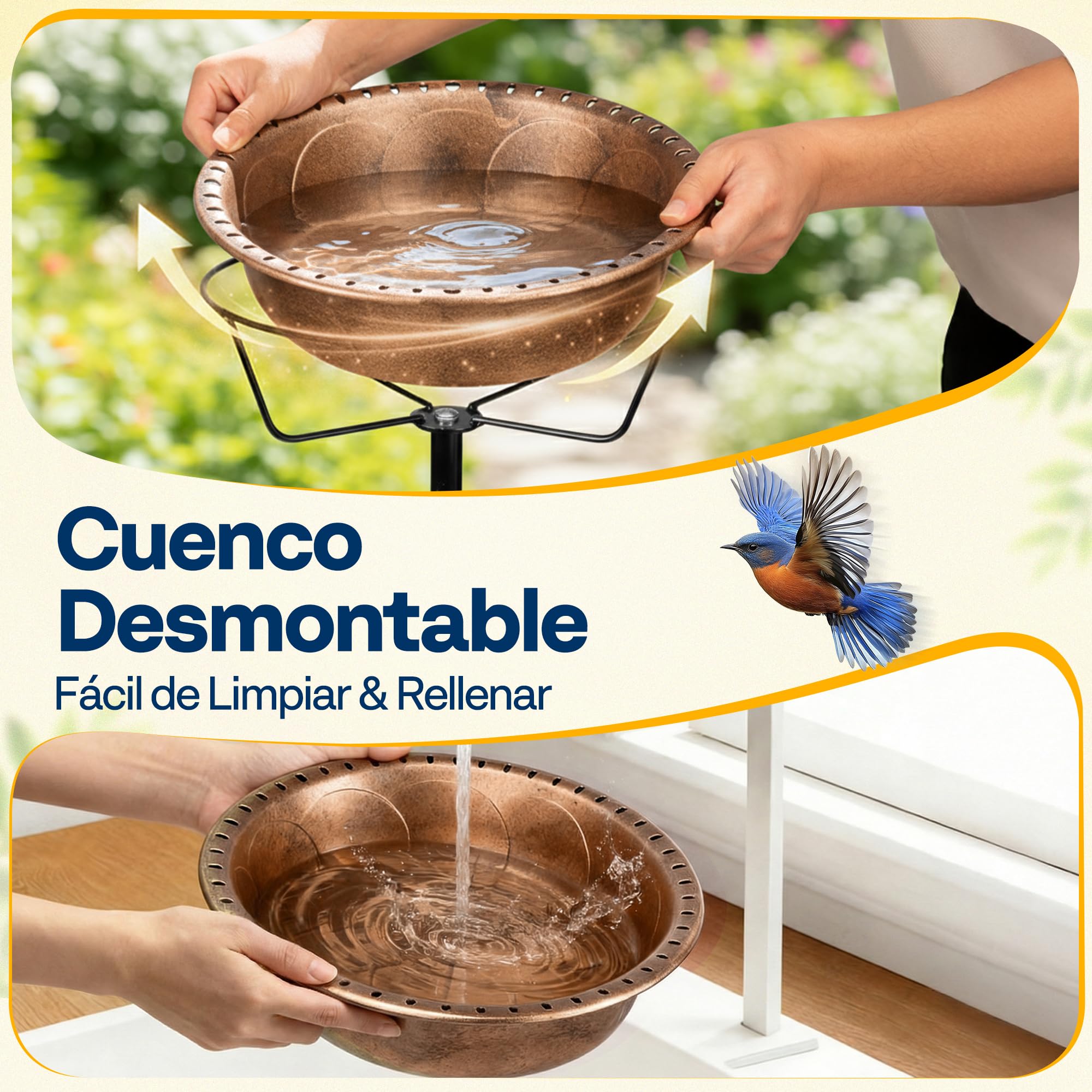 VIVOHOME Baño para Pájaros Exterior, Cuenco Desmontable con Base 4 Puntas, Baño y Comedero para Jardín y Césped (Bronce)