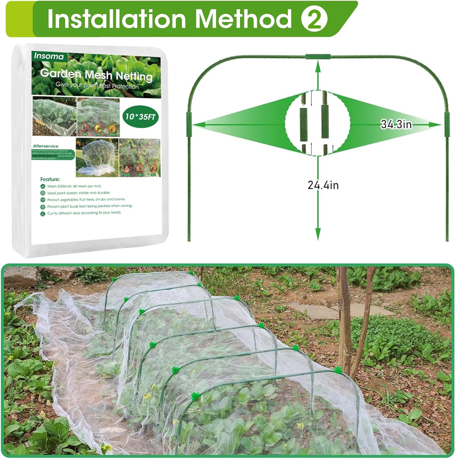 10x35Ft Garden Mesh Netting with Hoops Kit for Raised Bed, 6 Sets Wide Garden Hoops & 18 Clips, Garden Protection for Raised Beds Greenhouse Vegetable Plants Flowers Animals