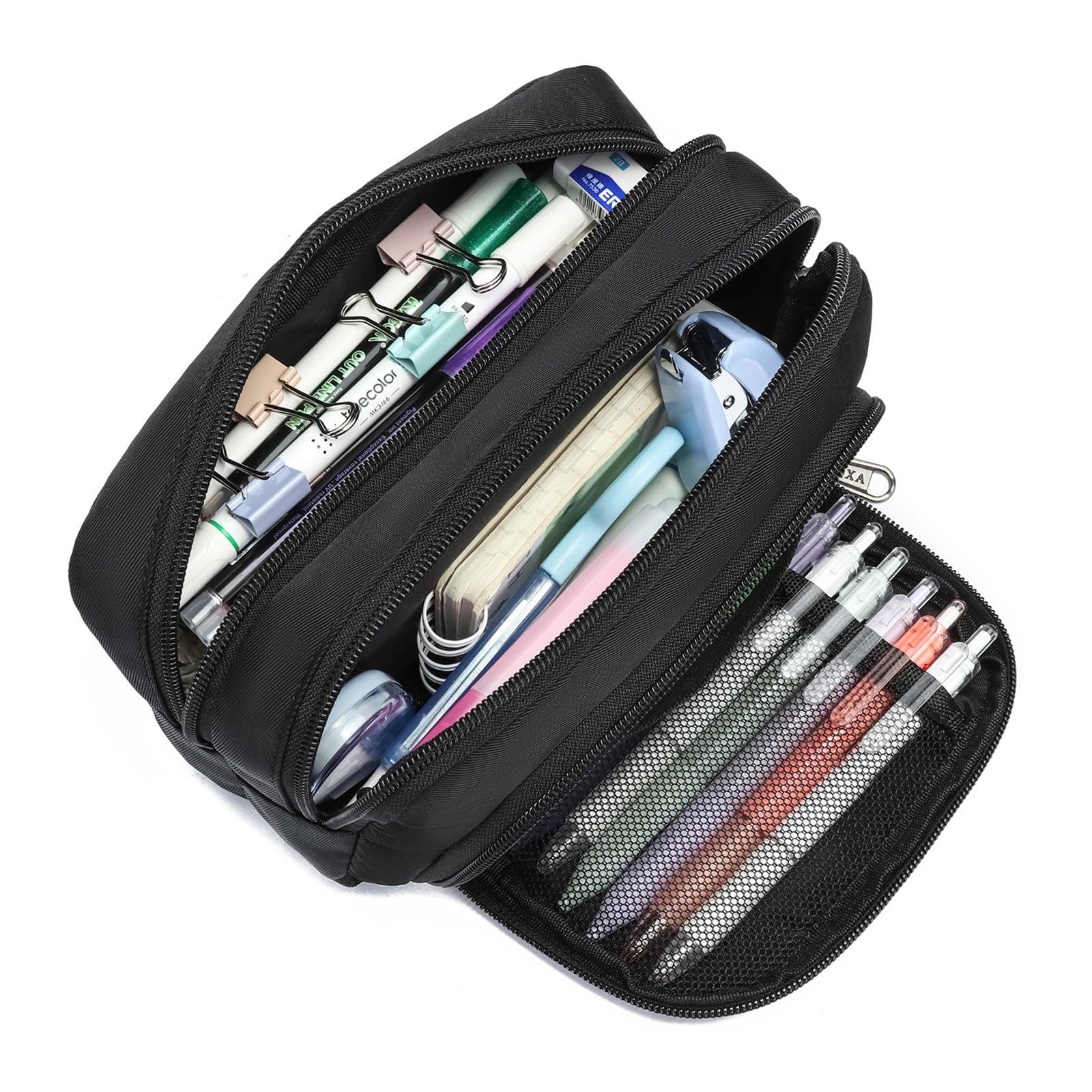 XQXA Pencil Pouch Large Capacity Pencil Case Organizer, Multifunctional Pen bag with 3 Compartmens, Big Pencil Bag for Office Travel Men Women Adult (01-Black)