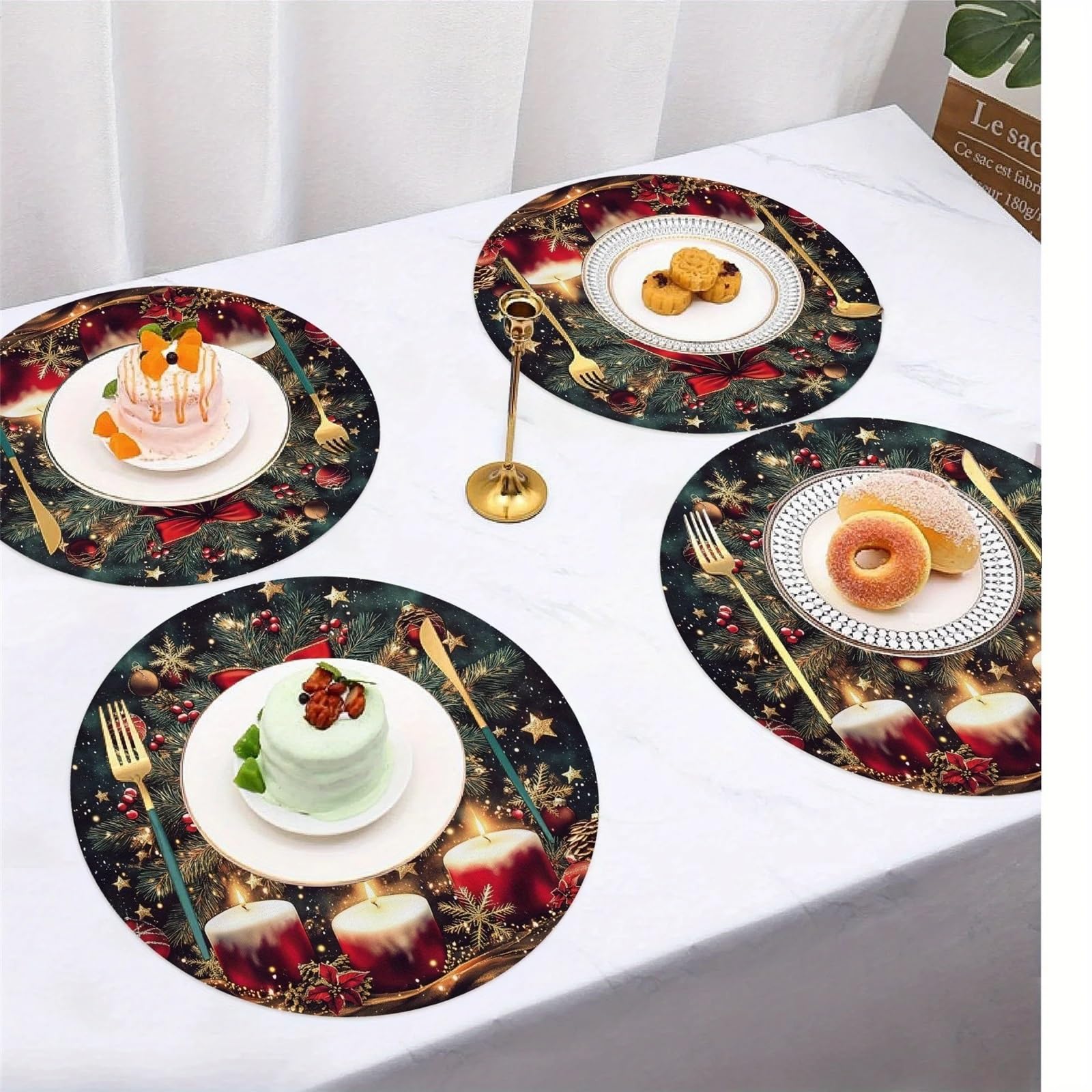 Manteles Individuales Navidad 4/6/8/10 Piezas de tapete navideño con Lazo for árbol Navidad, Copo Nieve, Mantel Cocina, Mesa Fiesta, decoración navideña(8PC)